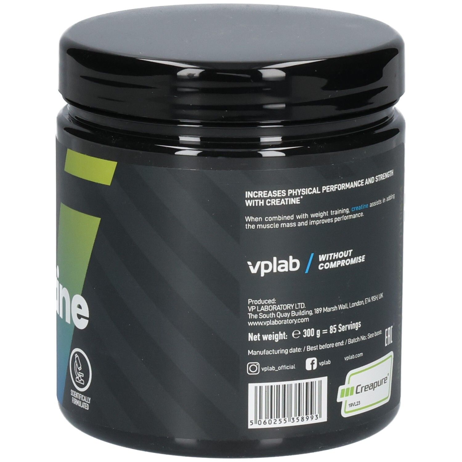 Schwarze Dose mit Deckel. Aufschrift: vplab Elite Pure Creatine. Rückseite mit Text und Creapure-Logo. 300g. 85 Portionen.
