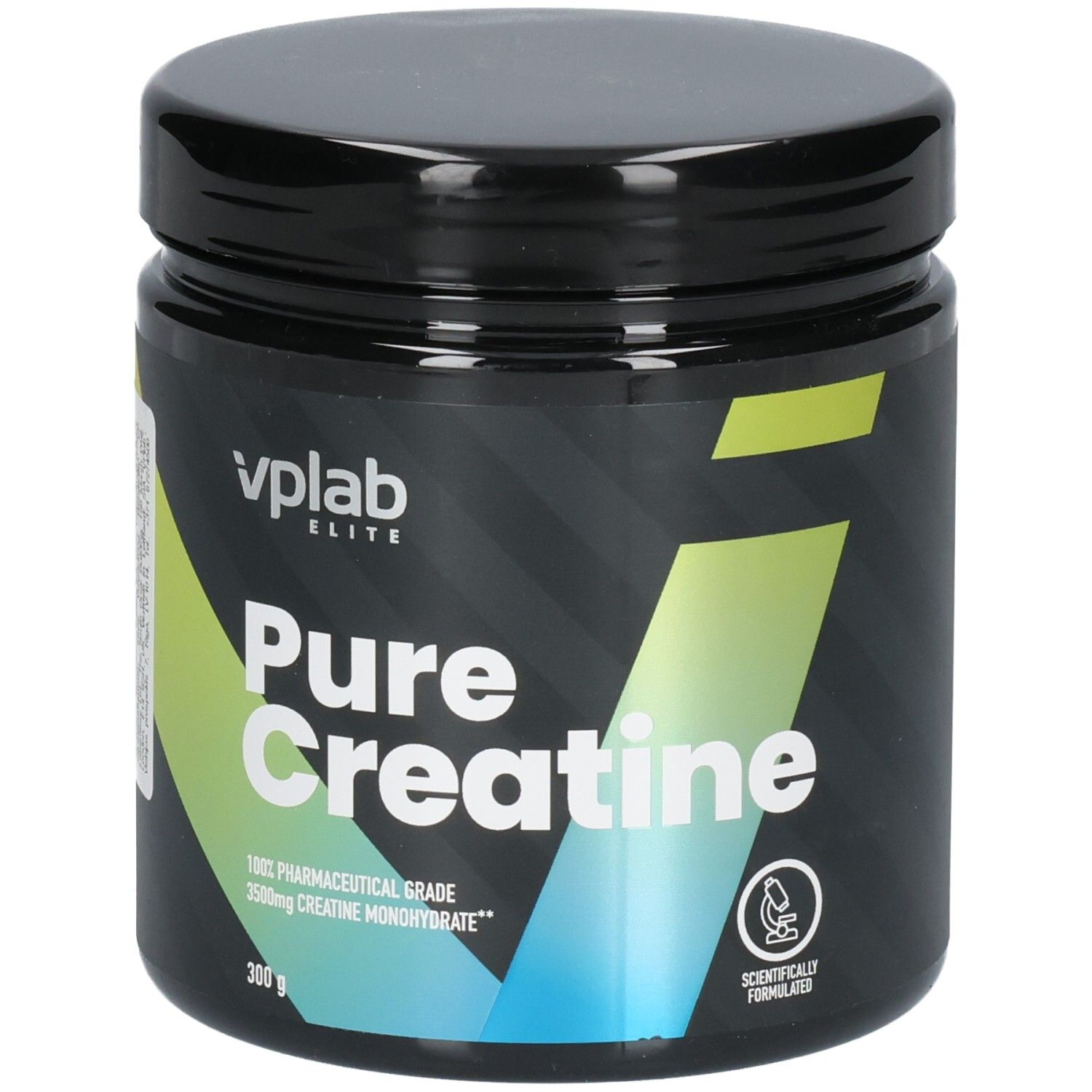 Schwarze Dose mit Deckel. Aufschrift: vplab Elite Pure Creatine. 300g. Grün-gelbe Akzente. Aufdruck: 100% Pharmaceutical Grade.