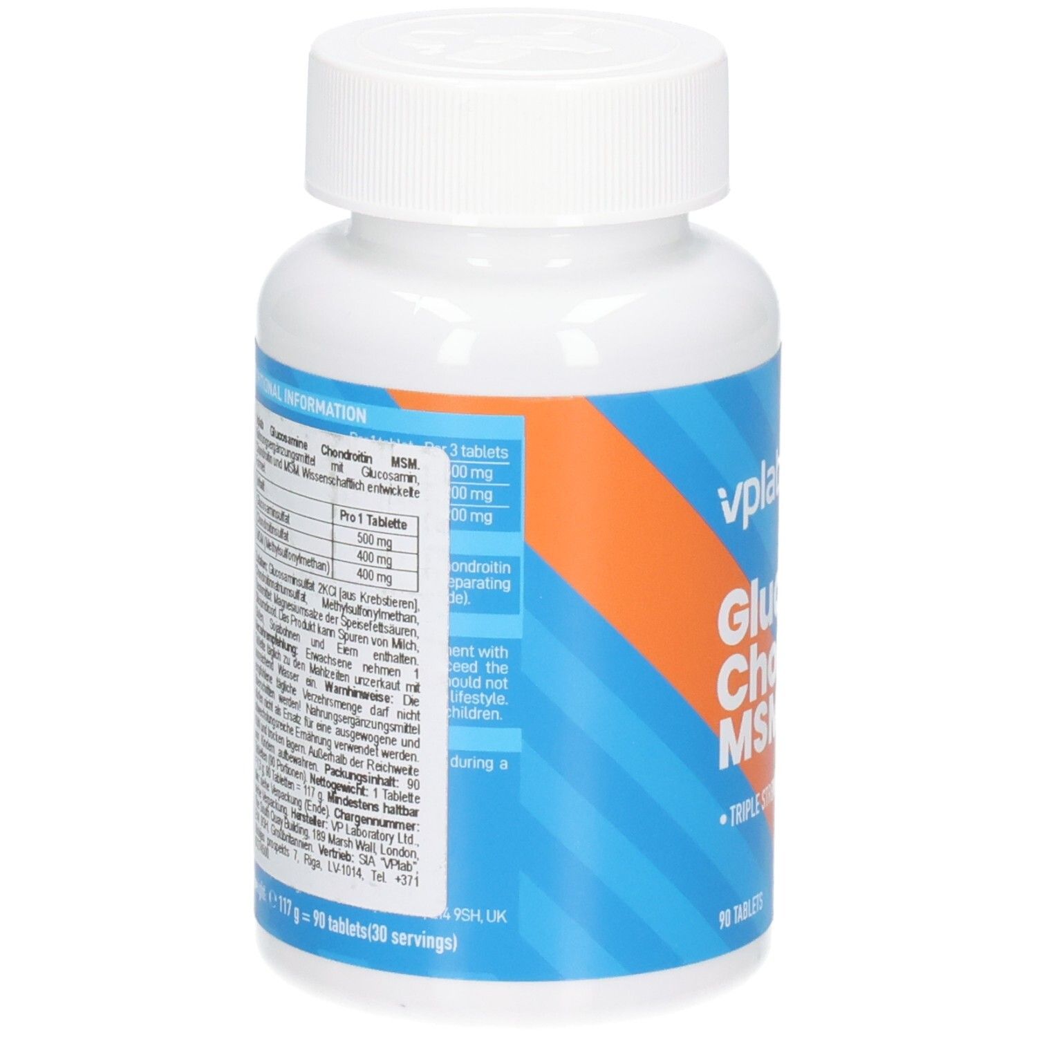Rückseite der weißen Flasche. Etikett mit Inhaltsangaben und Nährwertinformationen. VPLAB Glucosamin Chondroitin MSM. 90 Tabletten.