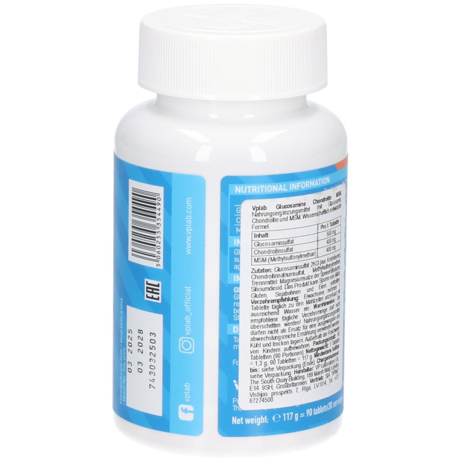 Rückseite der weißen Flasche. Etikett mit Nährwertinformationen. VPLAB Glucosamin Chondroitin MSM. 90 Tabletten. EAN-Code.