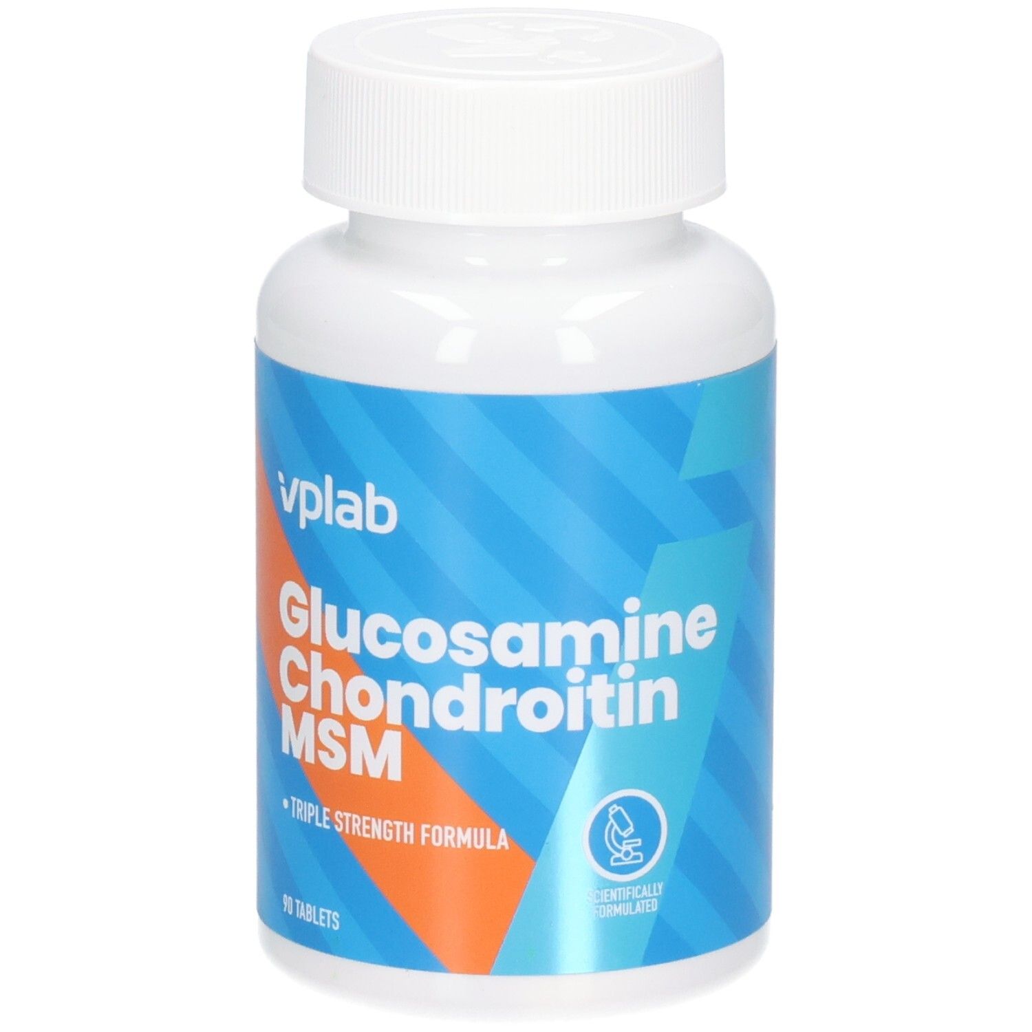 Weiße Flasche mit blau-orangefarbenem Etikett. Aufschrift: VPLAB Glucosamin Chondroitin MSM. 90 Tabletten. Triple Strength Formula.