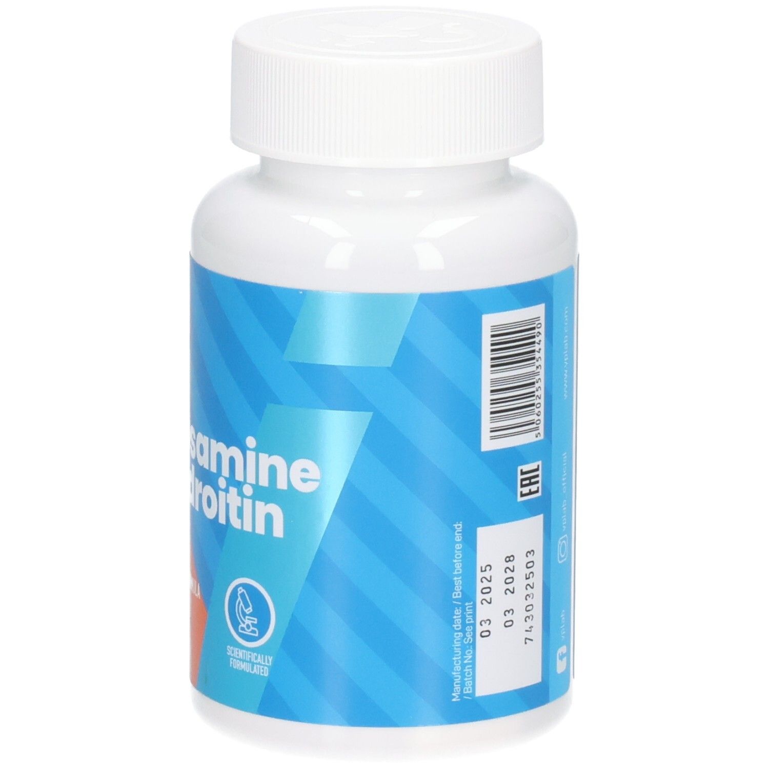 Rückseite der weißen Flasche. Etikett mit Inhaltsangaben und Verfallsdatum. VPLAB Glucosamin Chondroitin MSM. 90 Tabletten.