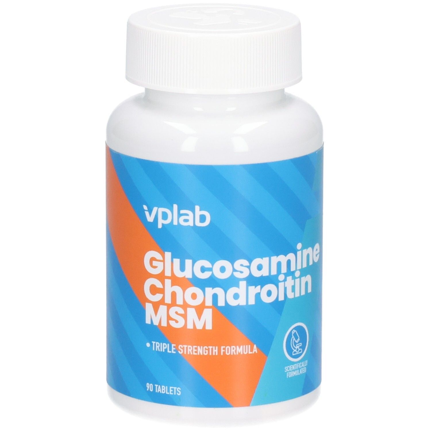 Weiße Flasche mit blau-orangefarbenem Etikett. Aufschrift: VPLAB Glucosamin Chondroitin MSM. 90 Tabletten. Triple Strength Formula.