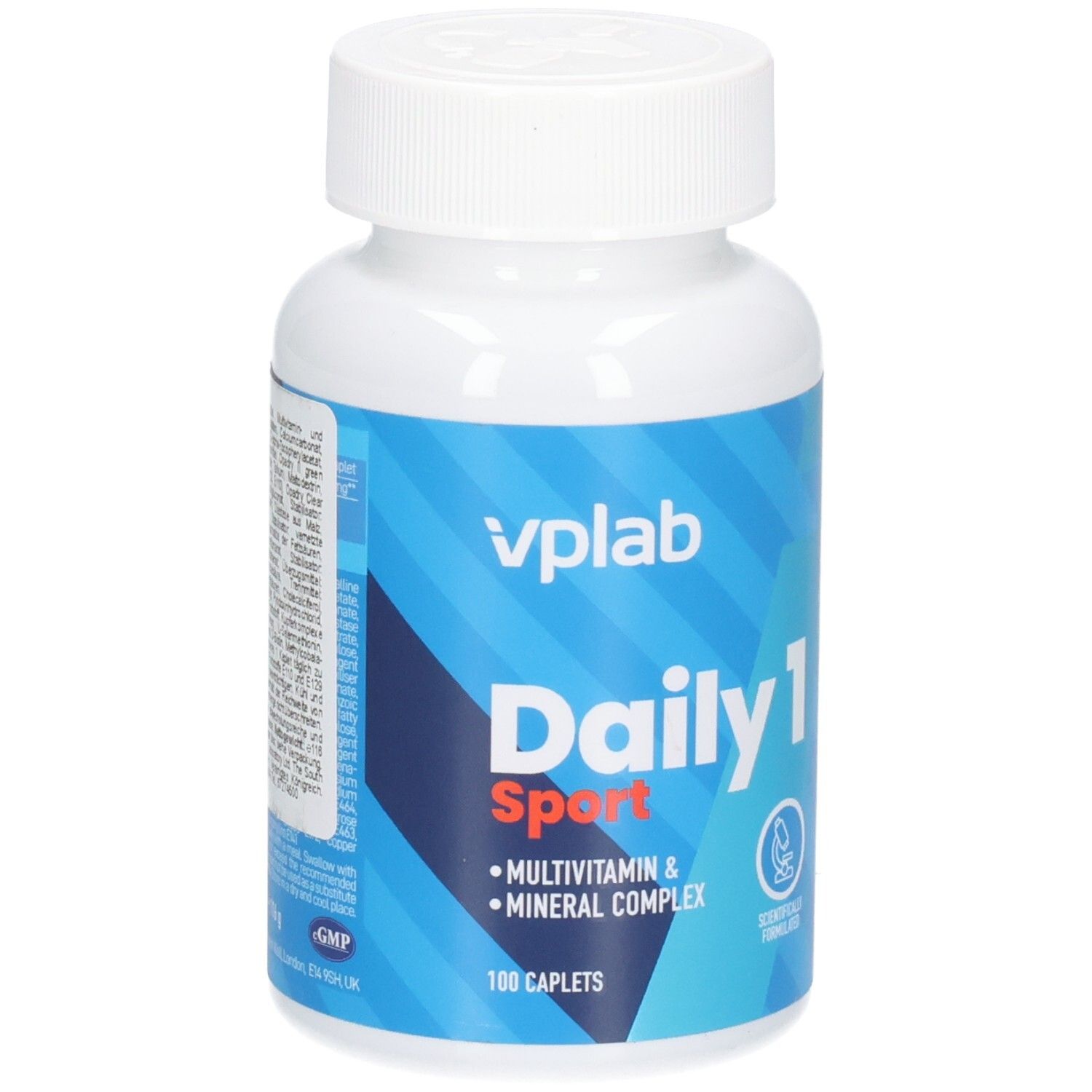 Weiße Flasche mit blauem Etikett. Aufschrift: vplab Daily 1 Sport, Multivitamin & Mineralstoffkomplex. 100 Kapseln.