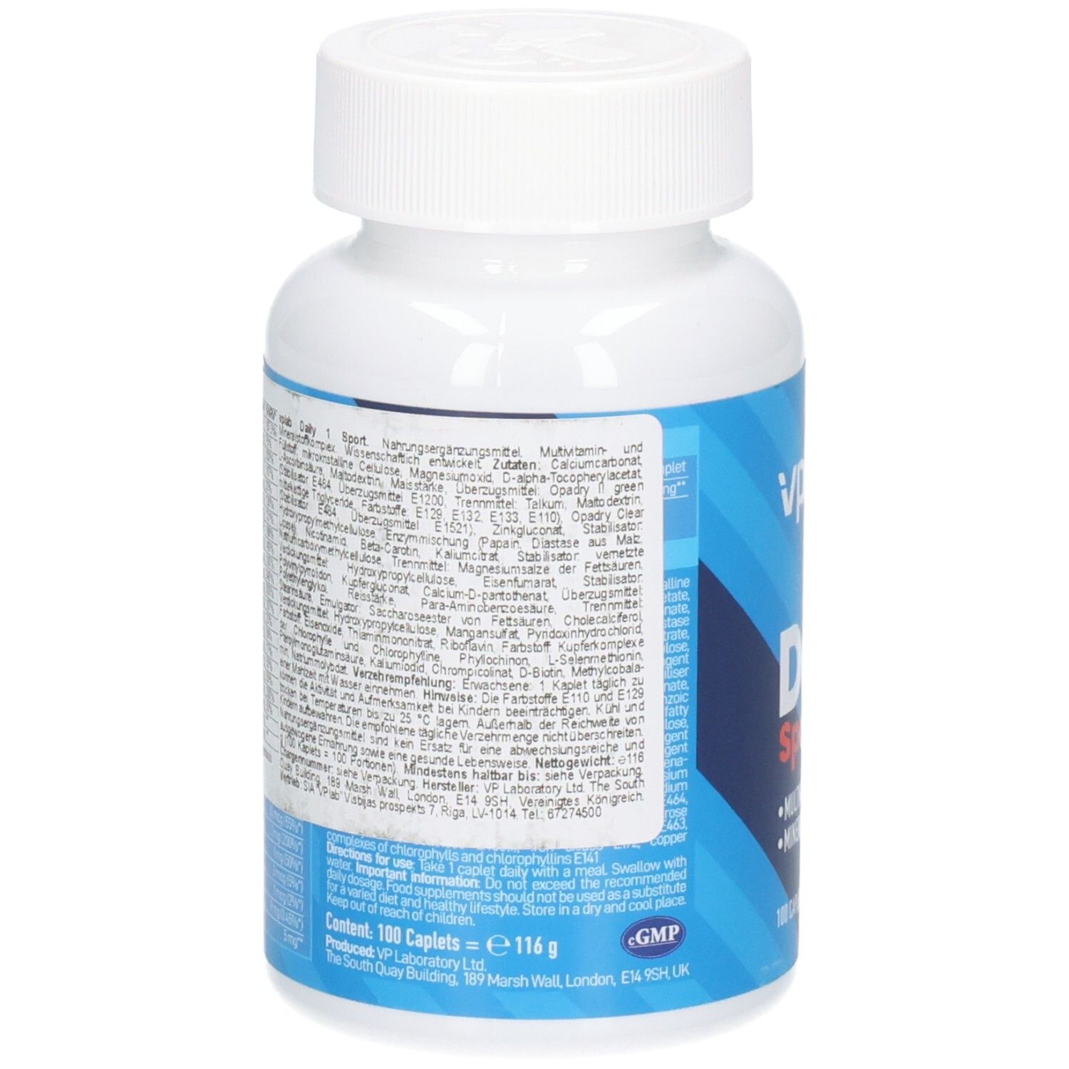 Rückseite der weißen Flasche. Blaues Etikett mit Inhaltsstoffen und Nährwertangaben. Text in mehreren Sprachen.