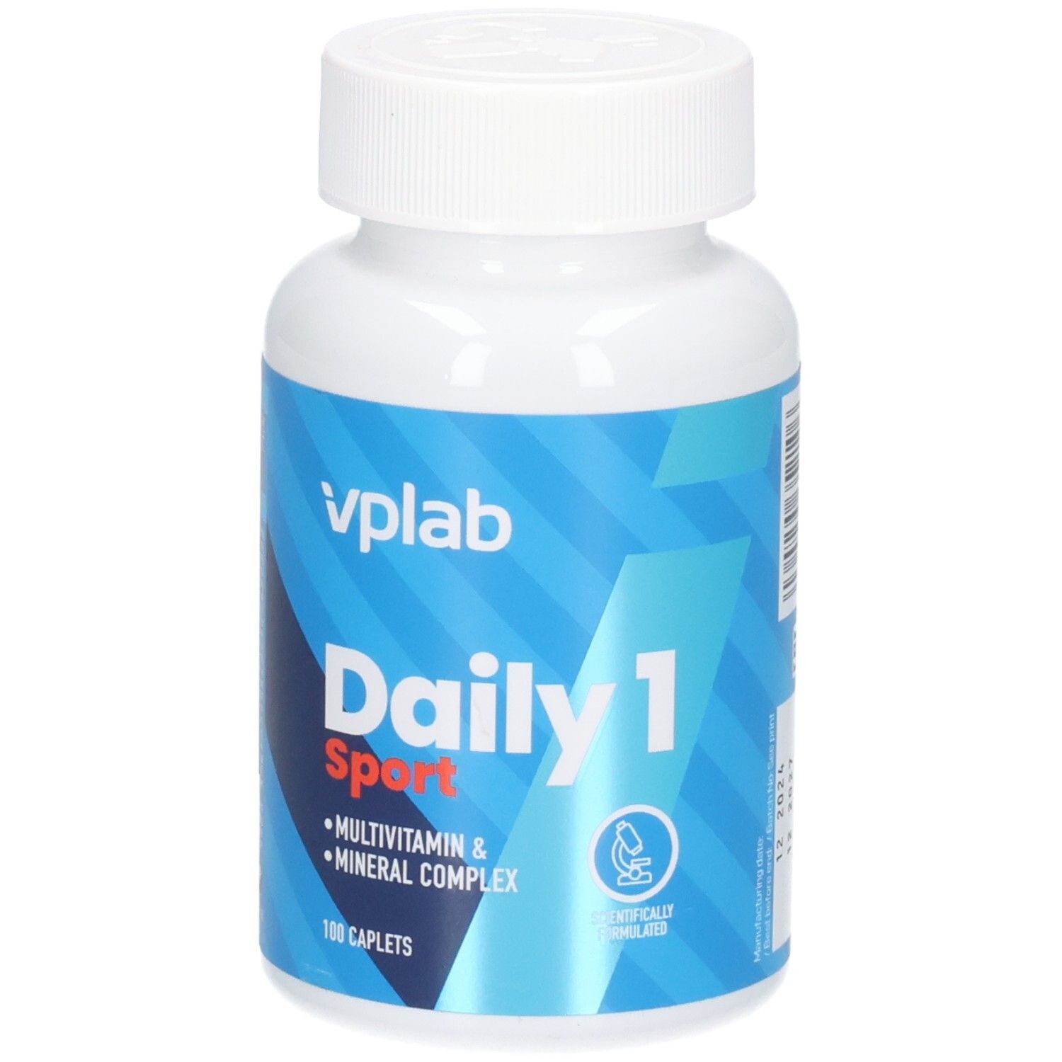 Weiße Flasche mit blauem Etikett. Aufschrift: vplab Daily 1 Sport, Multivitamin & Mineralstoffkomplex. 100 Kapseln.