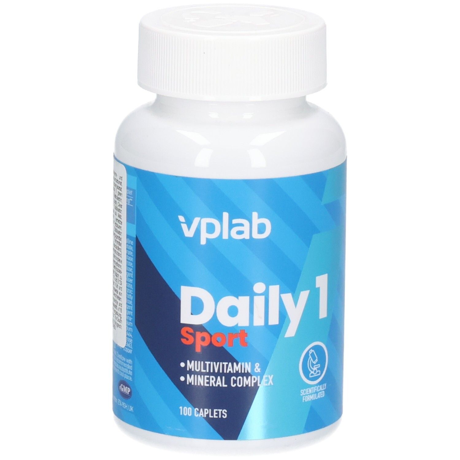 Weiße Flasche mit blauem Etikett. Aufschrift: vplab Daily 1 Sport, Multivitamin & Mineralstoffkomplex. 100 Kapseln.