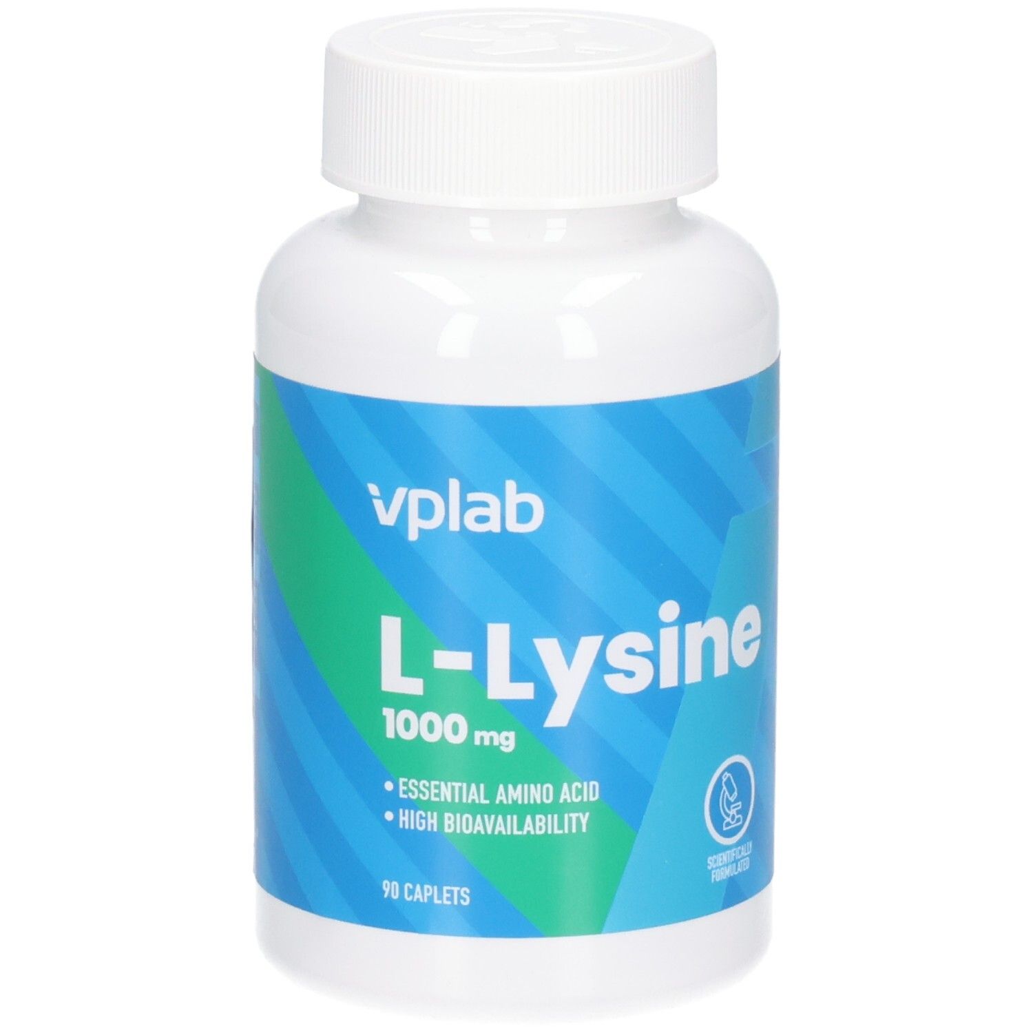 Weiße Flasche mit blau-grüner Grafik. Aufschrift: VPLAB L-Lysine 1000 mg, 90 Caplets. Enthält essentielle Aminosäure.