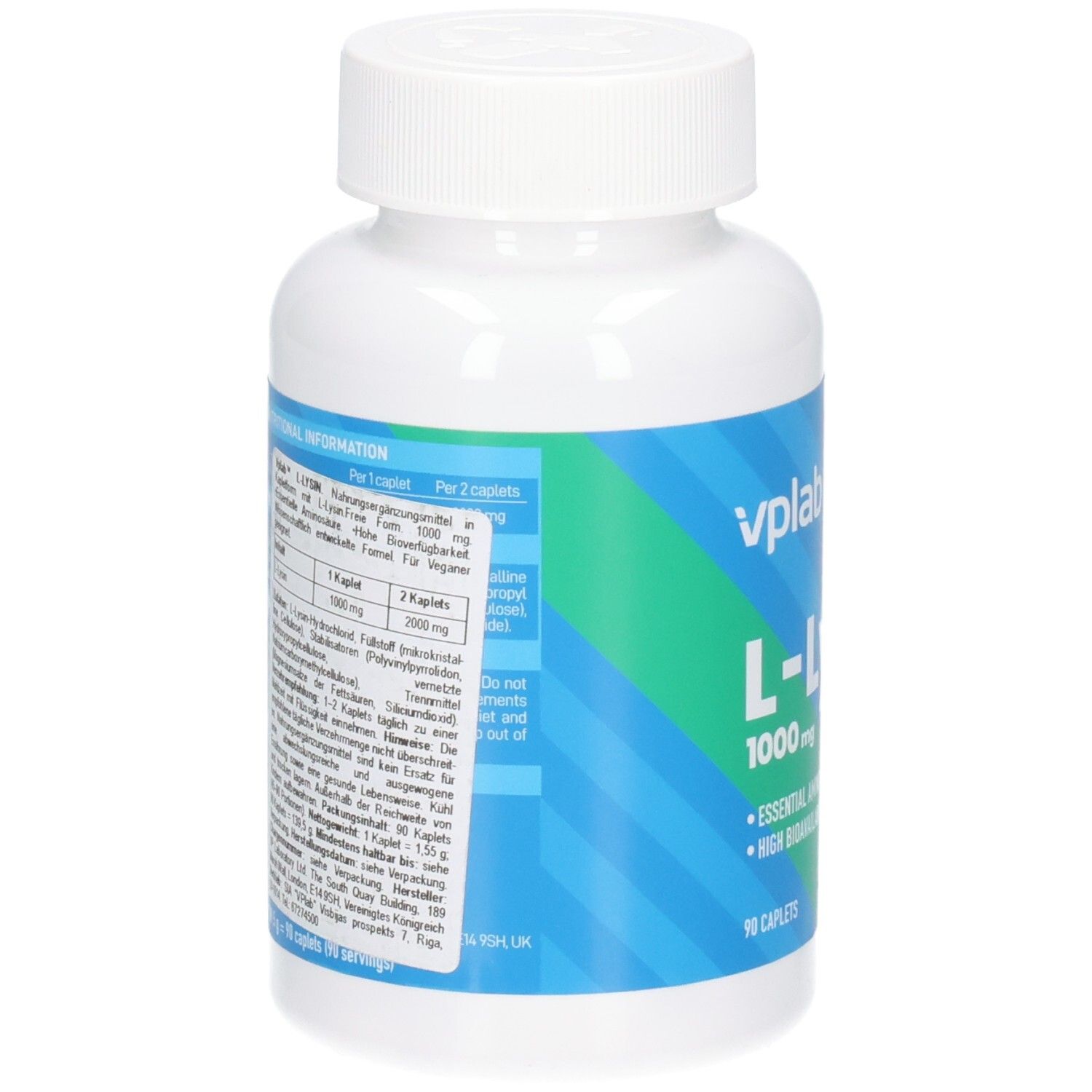 Weiße Flasche mit blauer Grafik. Aufschrift: VPLAB L-Lysine 1000 mg, 90 Caplets. Enthält essentielle Aminosäure. Rückseite mit Text.