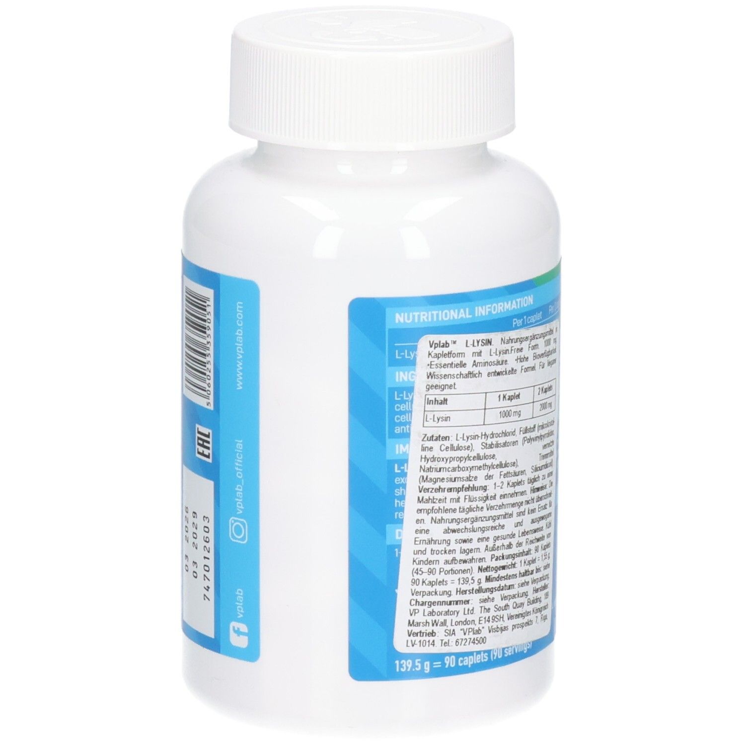 Weiße Flasche mit blauer Grafik. Rückseite mit Nährwertangaben und Text. VPLAB L-Lysine 1000 mg, 90 Caplets.