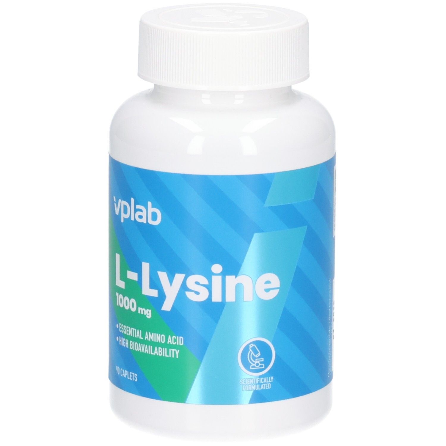 Weiße Flasche mit blauer Grafik. Aufschrift: VPLAB L-Lysine 1000 mg, 90 Caplets. Enthält essentielle Aminosäure. Mikroskop-Symbol.