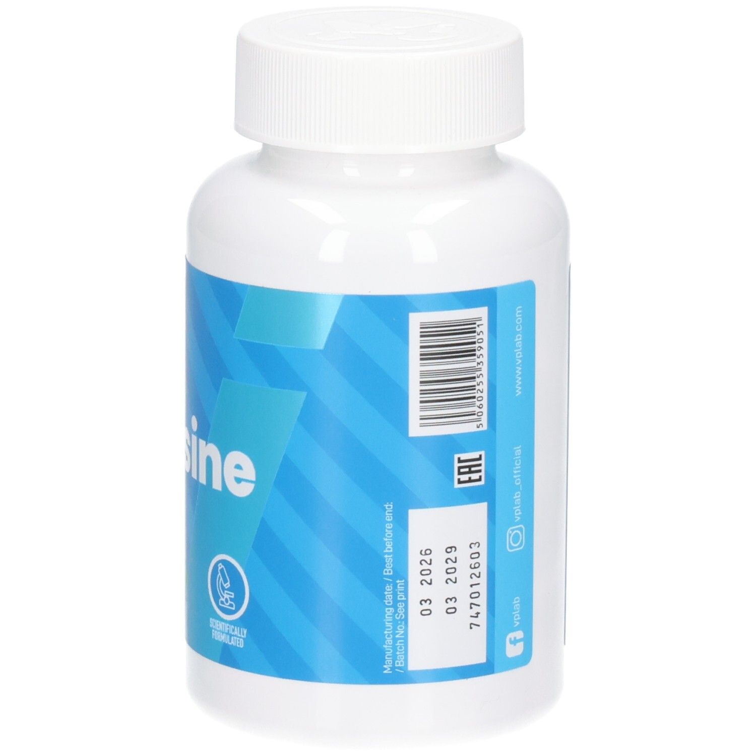 Weiße Flasche mit blauer Grafik. Rückseite mit Barcode und Text. VPLAB L-Lysine. Mindesthaltbarkeitsdatum.