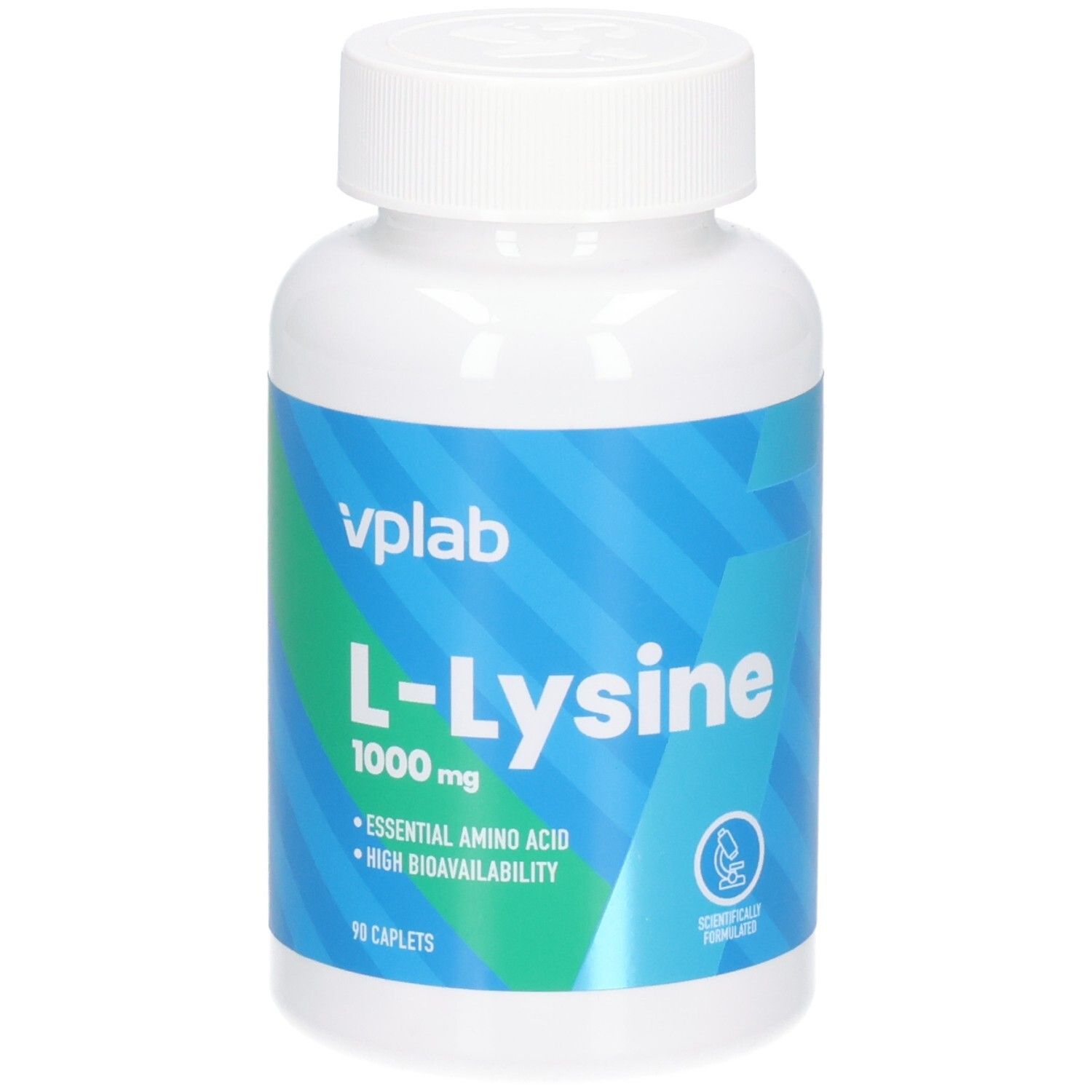 Weiße Flasche mit blauer Grafik. Aufschrift: VPLAB L-Lysine 1000 mg, 90 Caplets. Enthält essentielle Aminosäure.