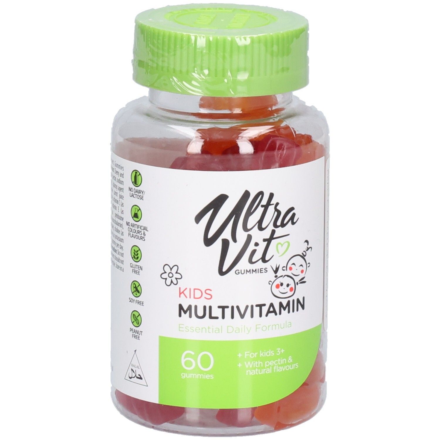Klare Flasche mit grüner Kappe. Etikett mit "Ultra Vit Gummies Kids Multivitamin". 60 Gummibärchen sichtbar. Halal-Siegel.