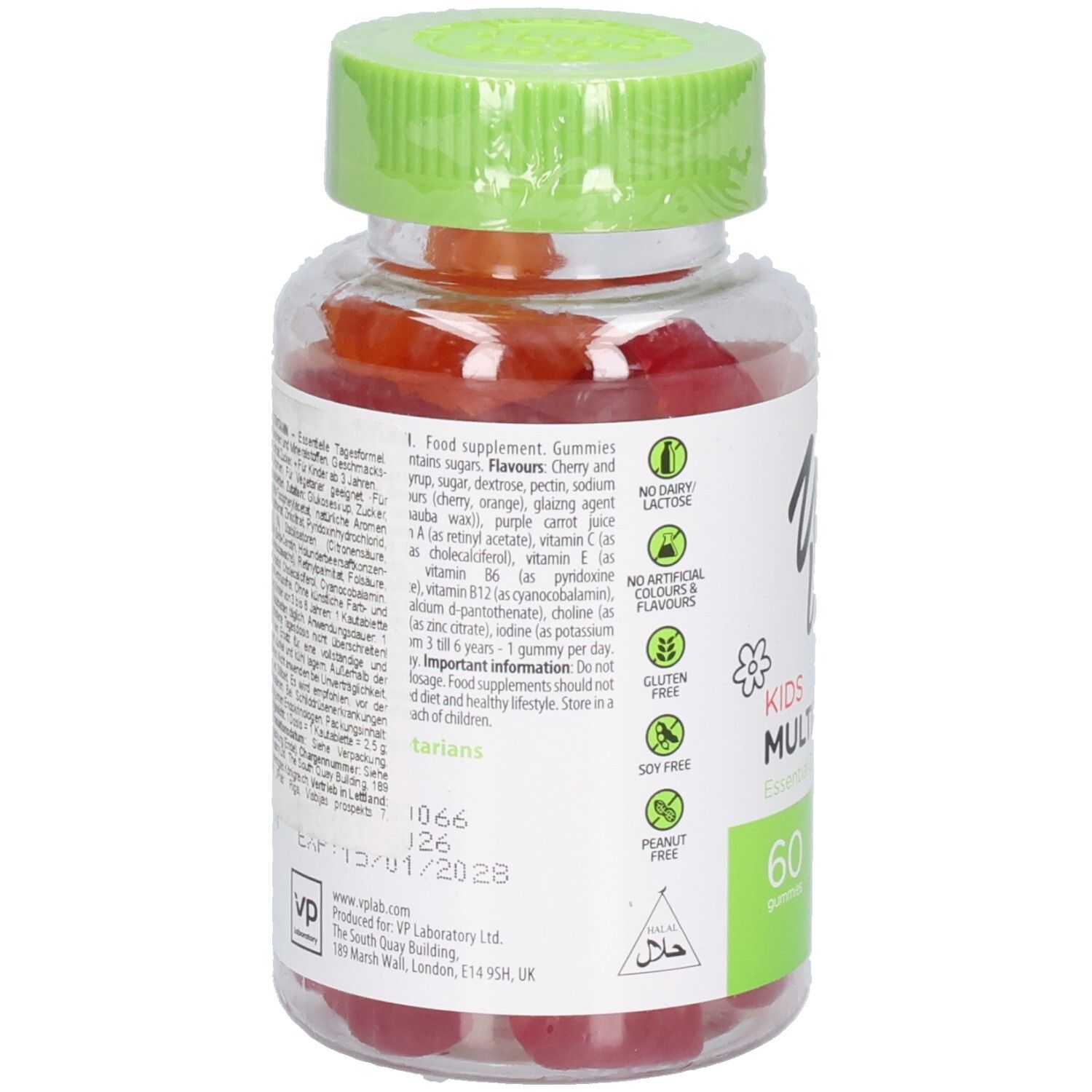 Rückseite der Flasche. Etikett mit Inhaltsstoffen und Nährwertangaben. "Ultra Vit Gummies Kids Multivitamin". 60 gummies.