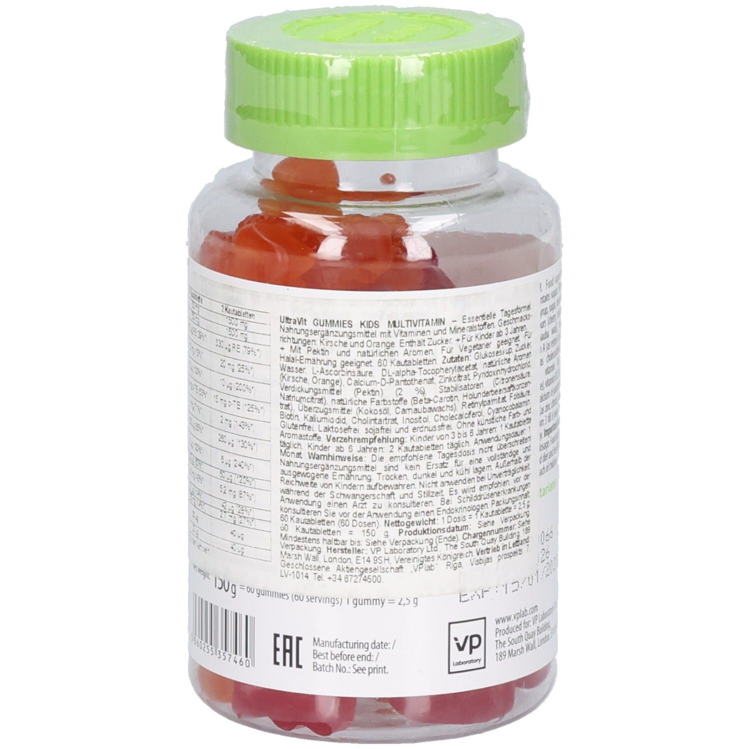 Rückseite der Flasche. Etikett mit Nährwertangaben und Inhaltsstoffen. "Ultra Vit Gummies Kids Multivitamin".
