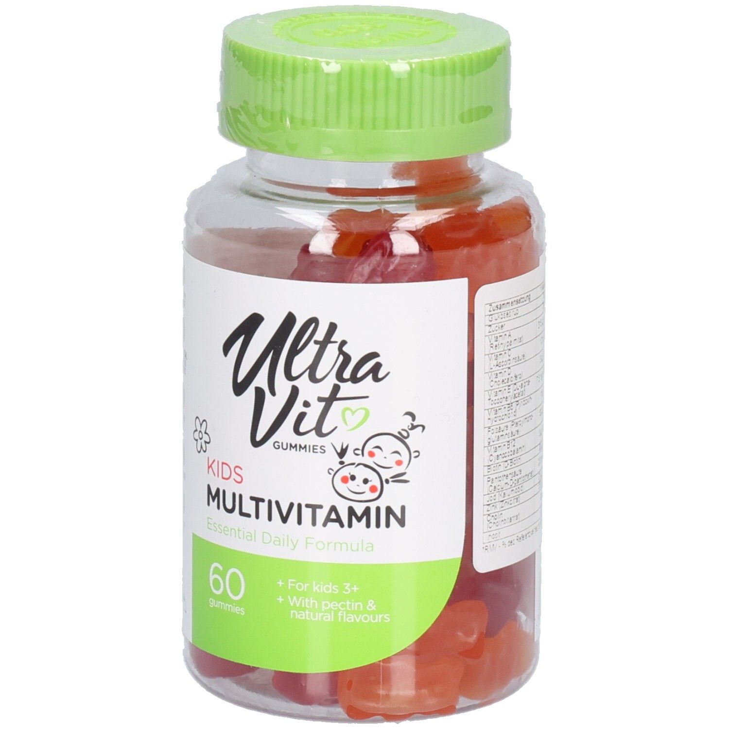 Klare Flasche mit grüner Kappe. Etikett mit "Ultra Vit Gummies Kids Multivitamin". 60 Gummibärchen sichtbar.