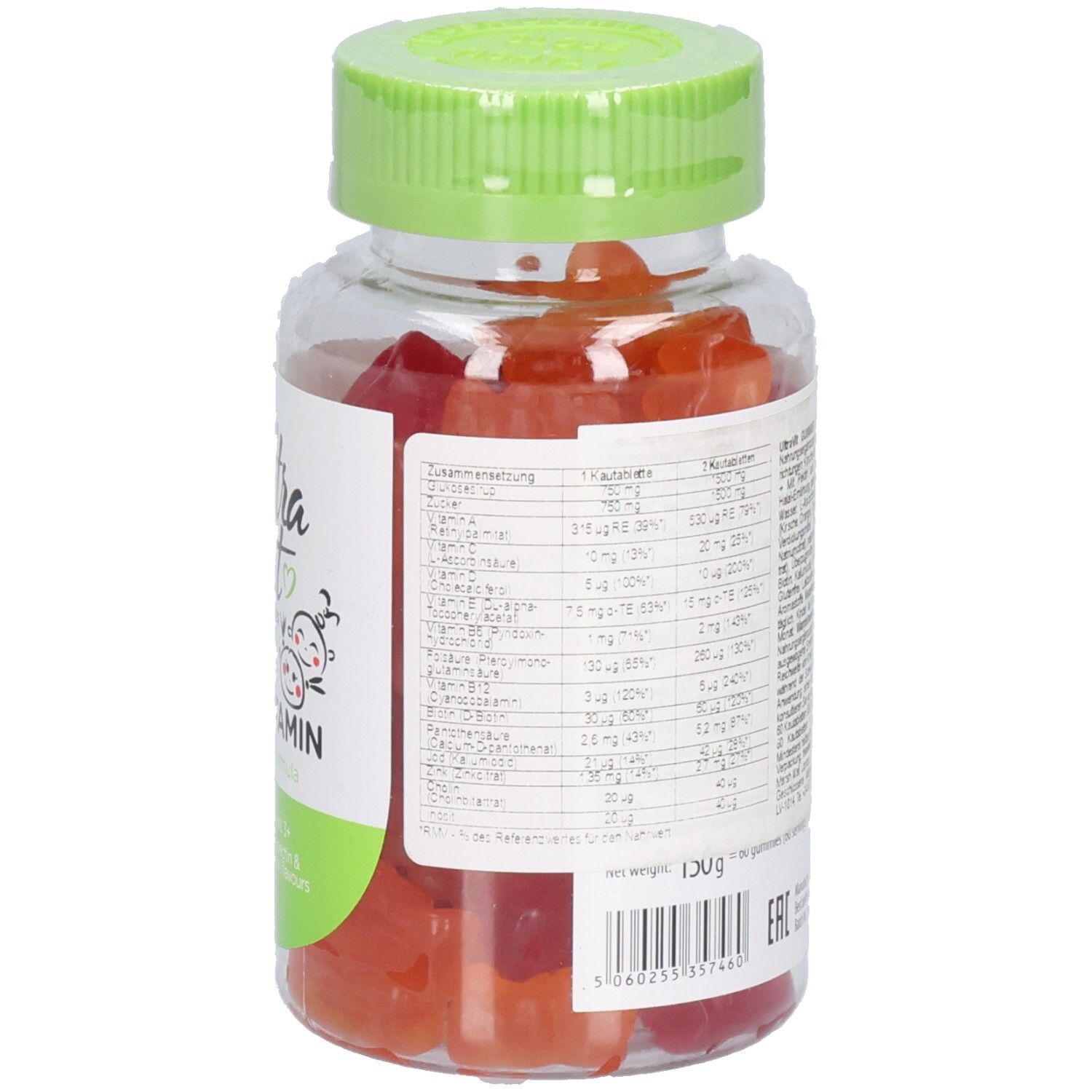 Rückseite der Flasche. Etikett mit Nährwertangaben. "Ultra Vit Gummies Kids Multivitamin". 130g.