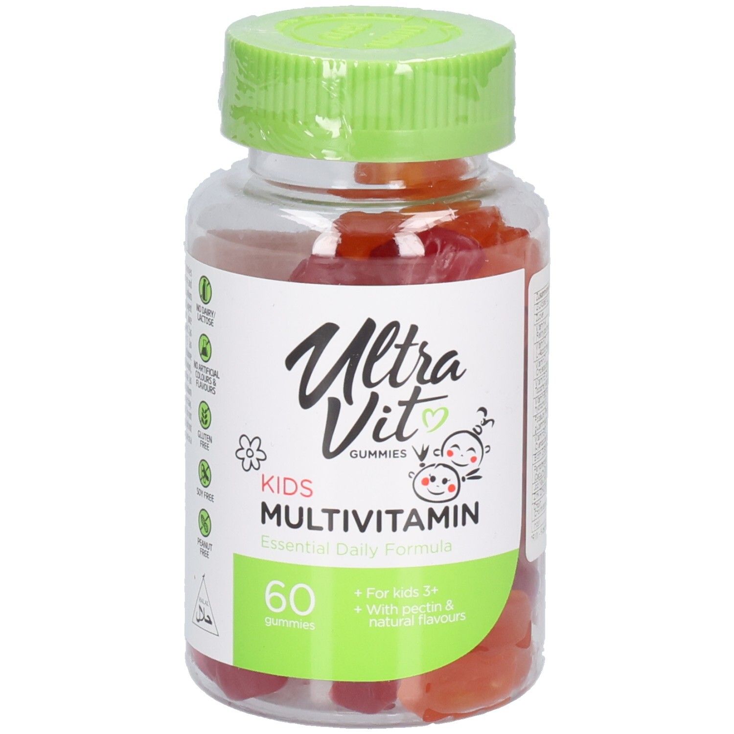 Klare Flasche mit grüner Kappe. Etikett mit "Ultra Vit Gummies Kids Multivitamin". 60 Gummibärchen sichtbar. Halal-Siegel.