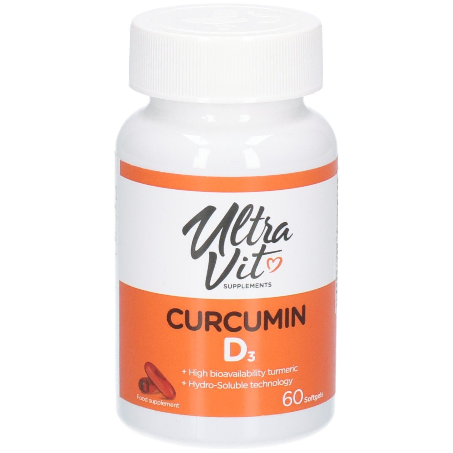 Weiße Flasche mit orangefarbenem Etikett. Aufschrift: Ultra Vit, Curcumin D3, 60 Softgels. Enthält Turmeric und Vitamin D3.
