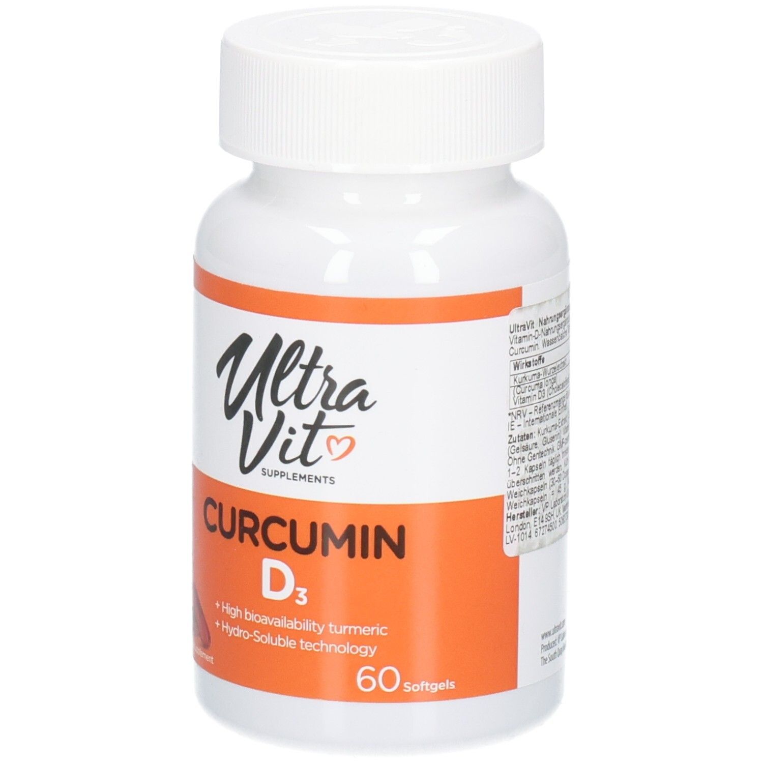 Weiße Flasche mit orangefarbenem Etikett. Aufschrift: Ultra Vit, Curcumin D3, 60 Softgels. Enthält Turmeric und Vitamin D3.