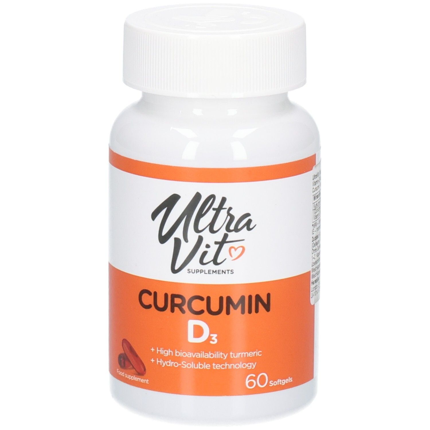 Weiße Flasche mit orangefarbenem Etikett. Aufschrift: Ultra Vit, Curcumin D3, 60 Softgels. Enthält Turmeric und Vitamin D3.