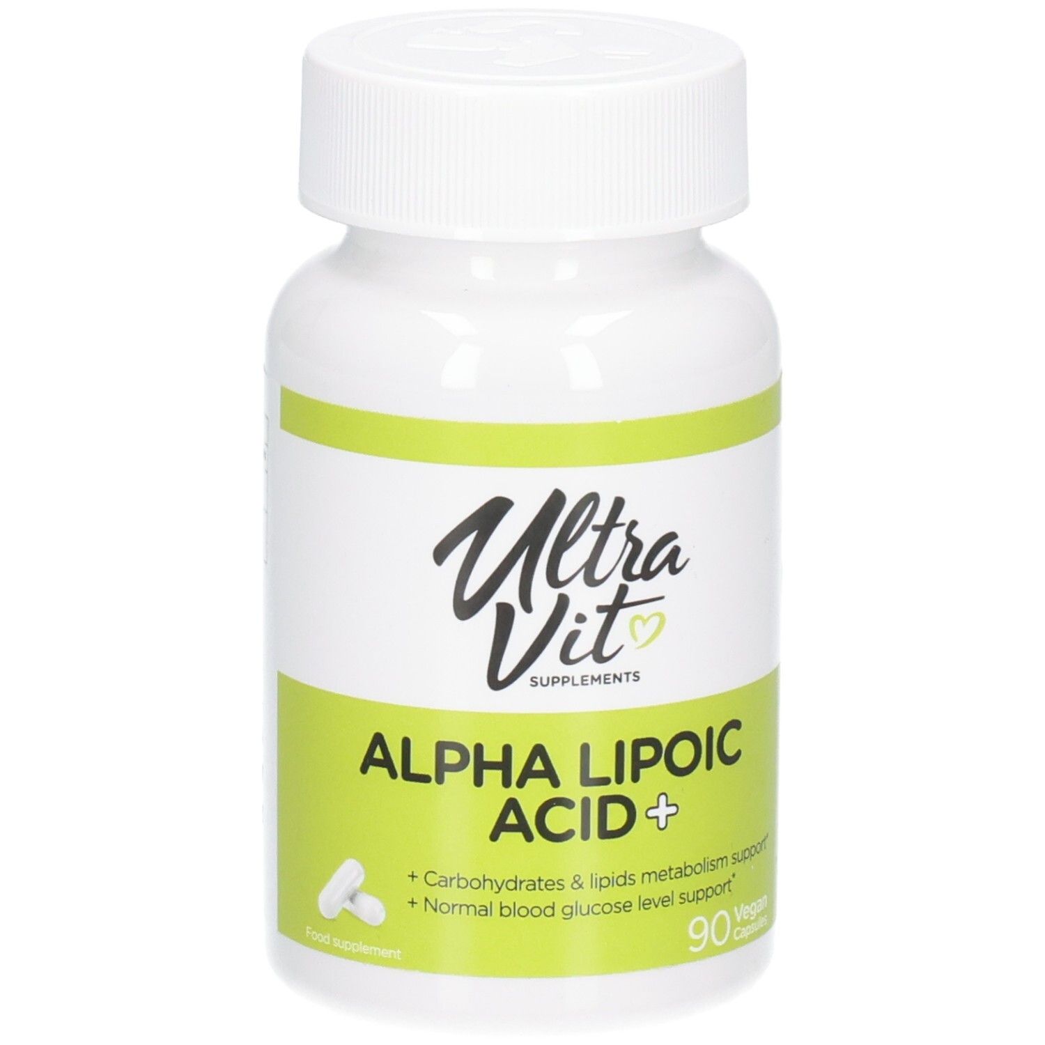 Weiße Flasche mit grünem Etikett. Aufschrift: Ultra Vit, Alpha Lipolic Acid +, 90 Kapseln. Enthält Kapseln.