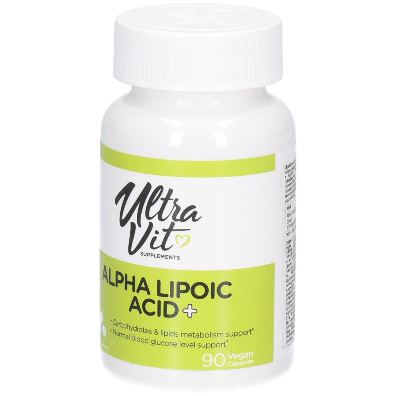 Weiße Flasche mit grünem Etikett. Aufschrift: Ultra Vit, Alpha Lipolic Acid +, 90 Kapseln. Vegan.