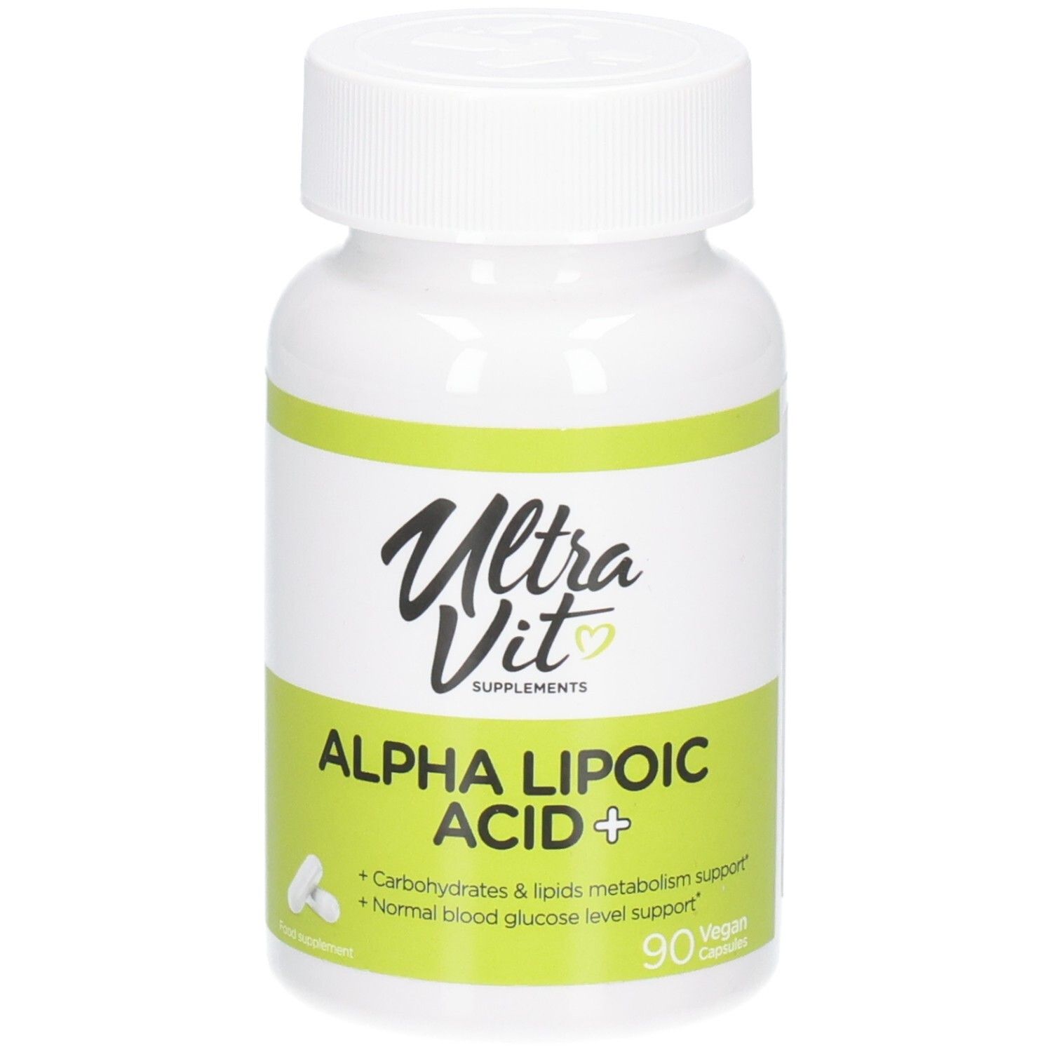 Weiße Flasche mit grünem Etikett. Aufschrift: Ultra Vit, Alpha Lipolic Acid +, 90 Kapseln. Vegan.
