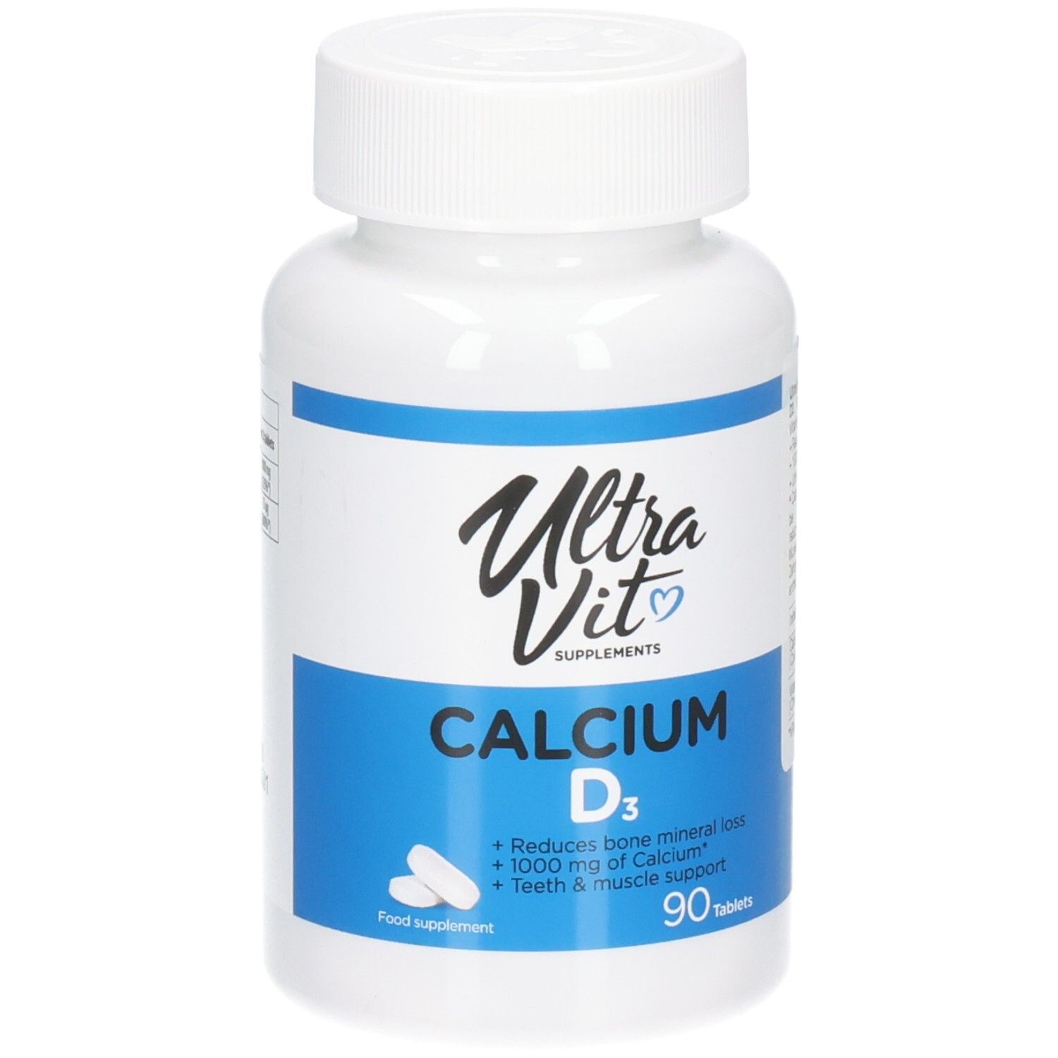 Weiße Flasche mit ULTRAVIT Calcium D3. Blaue Etiketten mit Produktinformationen und 90 Tabletten. Enthält Calcium und Vitamin D3.