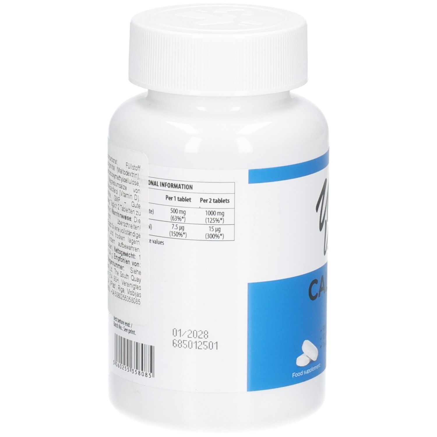 Rückseite der weißen Flasche ULTRAVIT Calcium D3. Enthält Nährwertangaben pro Tablette und Informationen zu Inhaltsstoffen.