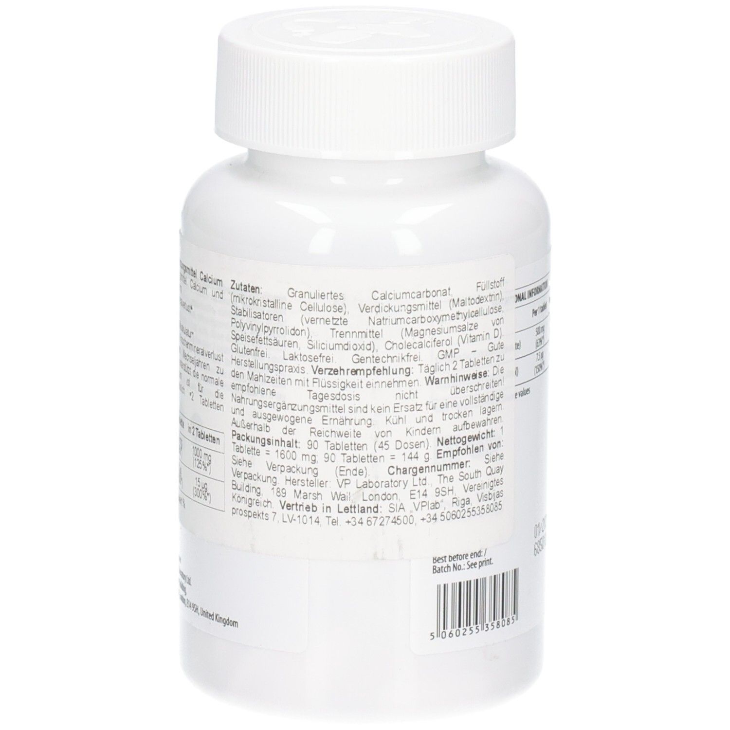 Rückseite der weißen Flasche ULTRAVIT Calcium D3. Enthält Inhaltsstoffe, Warnhinweise und Herstellerinformationen.