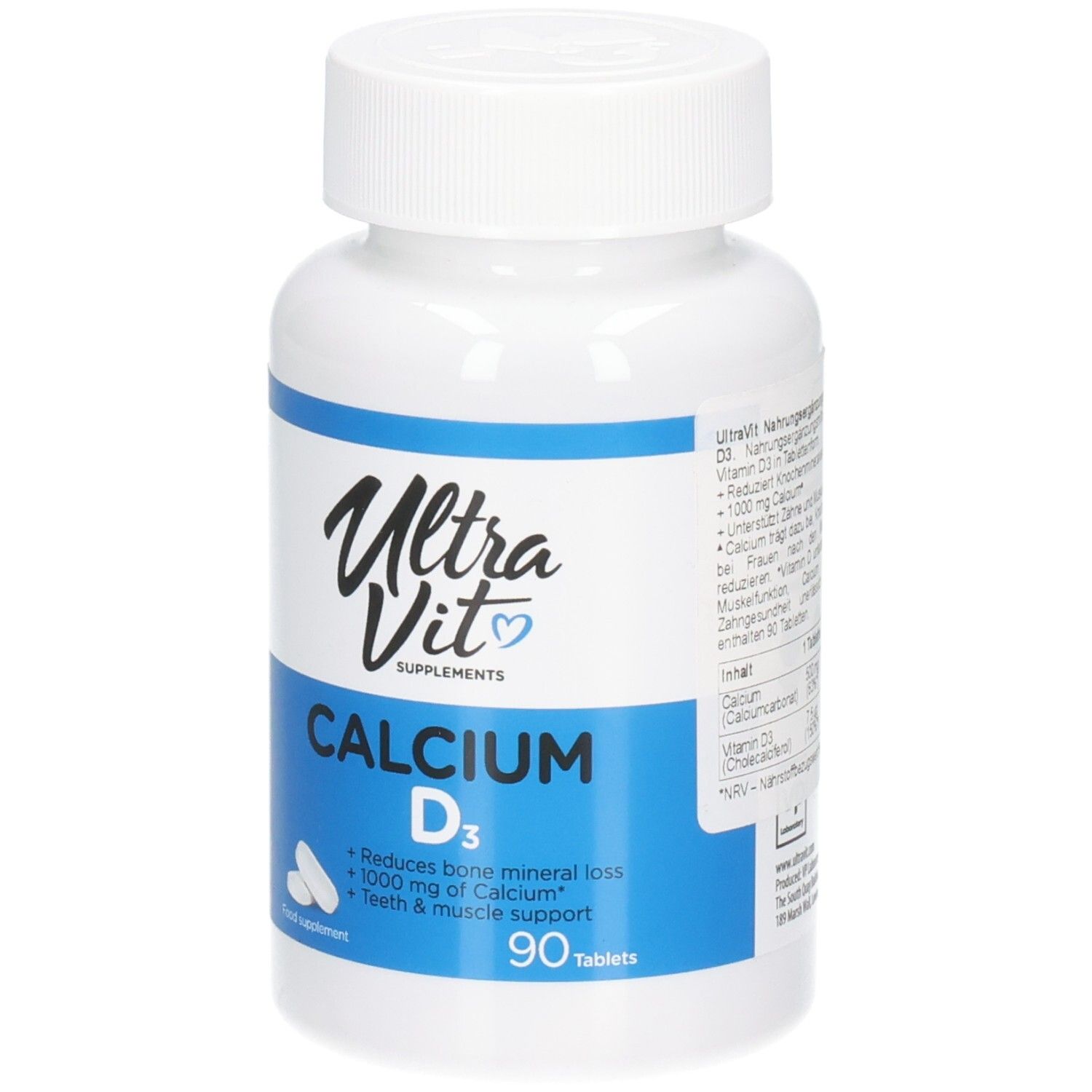 Weiße Flasche ULTRAVIT Calcium D3. Blaue Etiketten mit Produktinformationen und 90 Tabletten. Enthält Calcium und Vitamin D3.