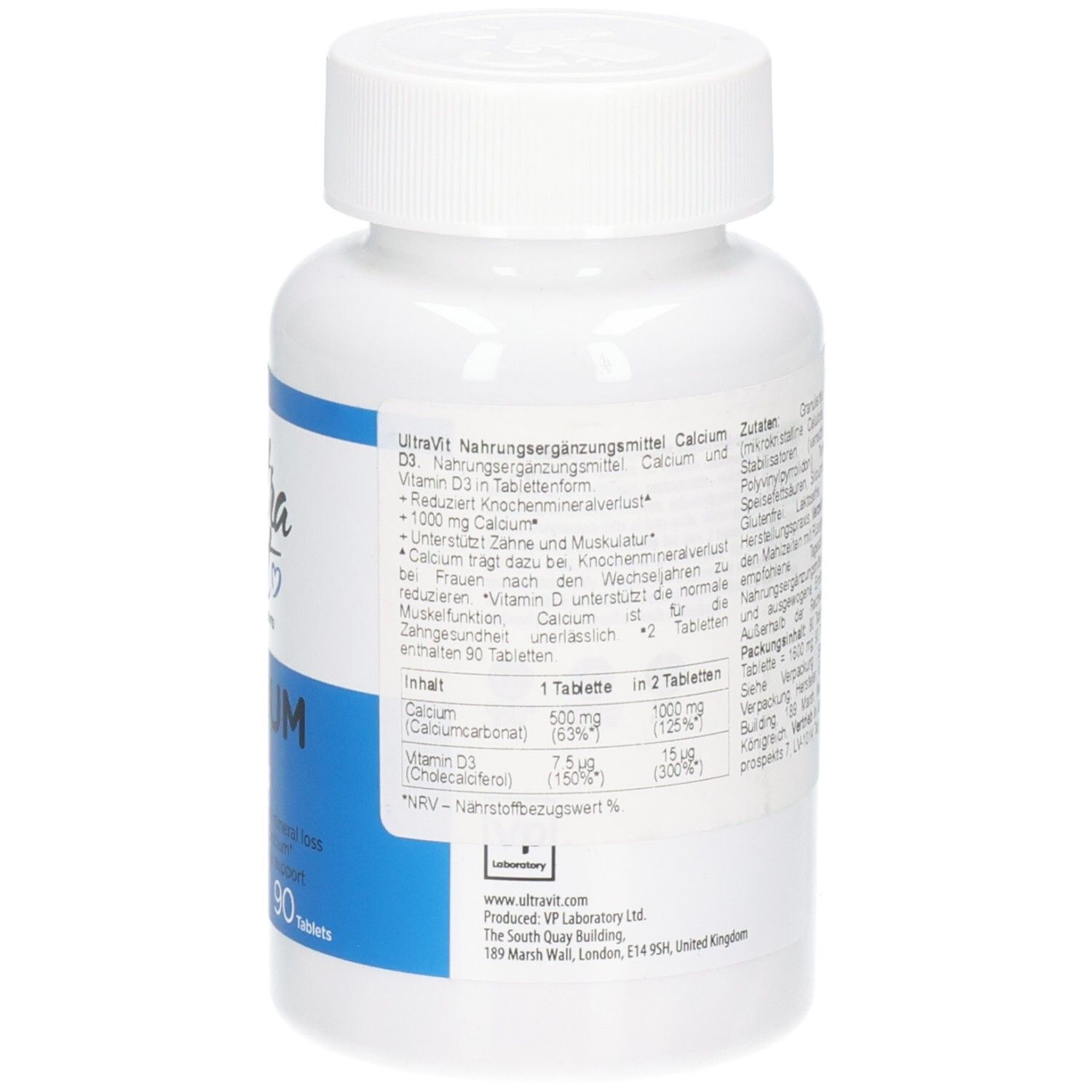 Rückseite der weißen Flasche ULTRAVIT Calcium D3. Enthält Nährwertangaben, Inhaltsstoffe und Herstellerinformationen.