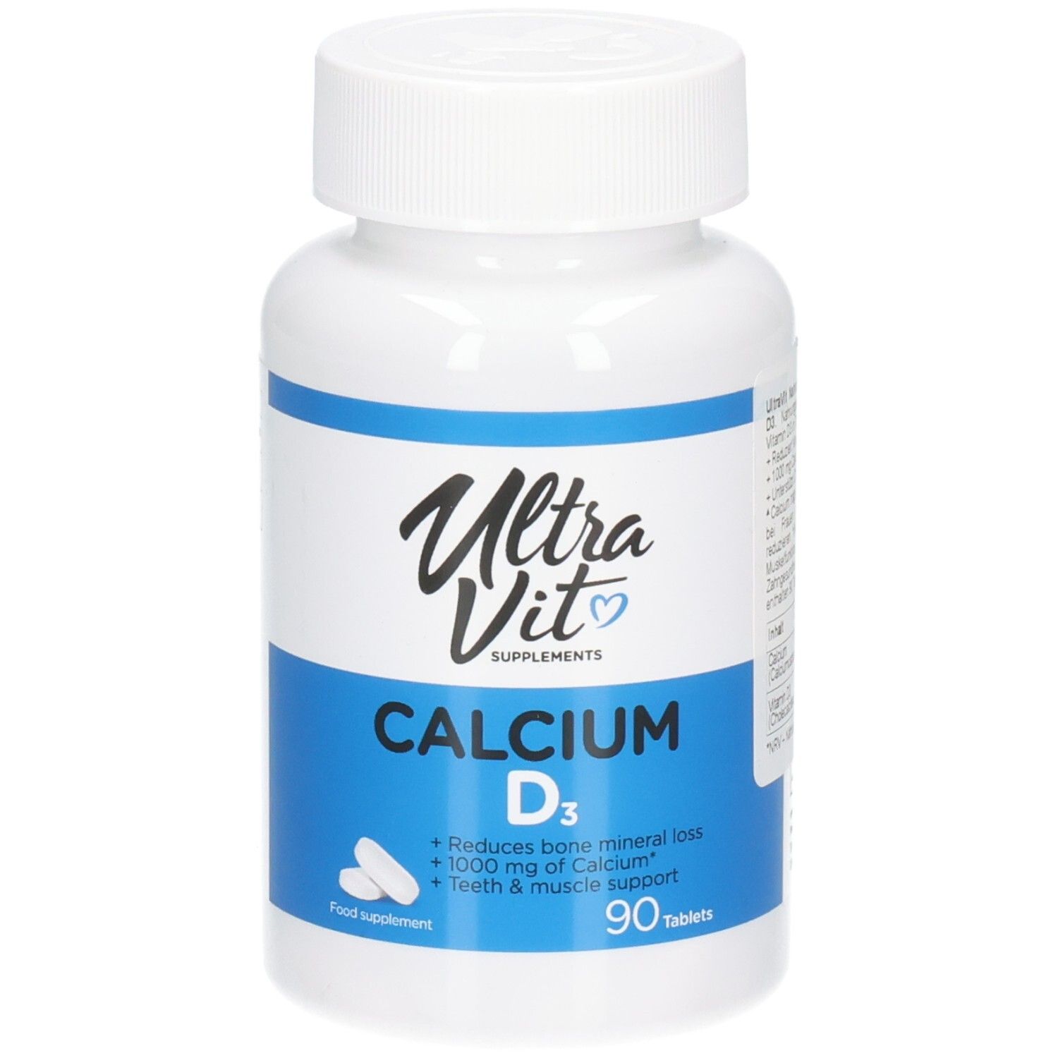 Weiße Flasche ULTRAVIT Calcium D3. Blaue Etiketten mit Produktinformationen und 90 Tabletten. Enthält Calcium und Vitamin D3.