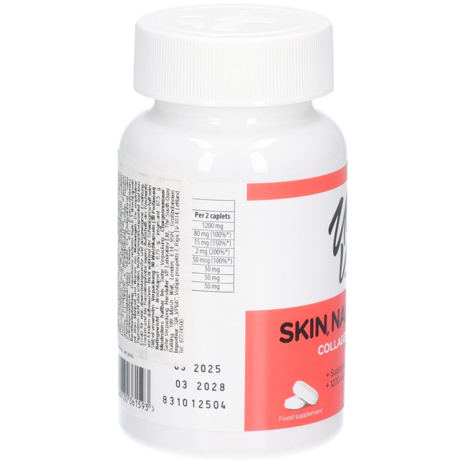 Rückseite der weißen Flasche ULTRAVIT Skin, Nails & Hair. Text mit Inhaltsstoffen und Haltbarkeitsdatum.