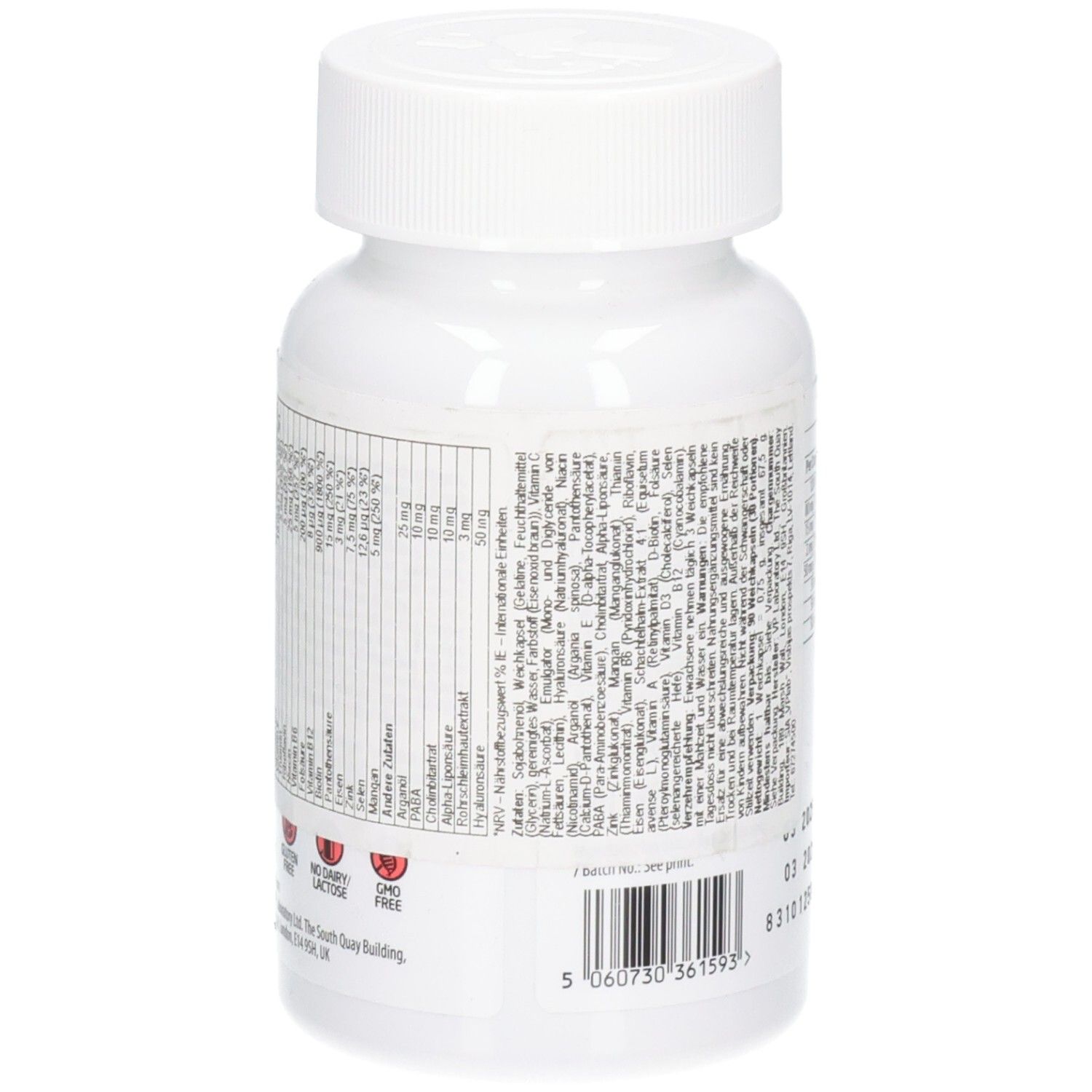 Rückseite der weißen Flasche ULTRAVIT Skin, Nails & Hair. Text mit Inhaltsstoffen und Barcode.
