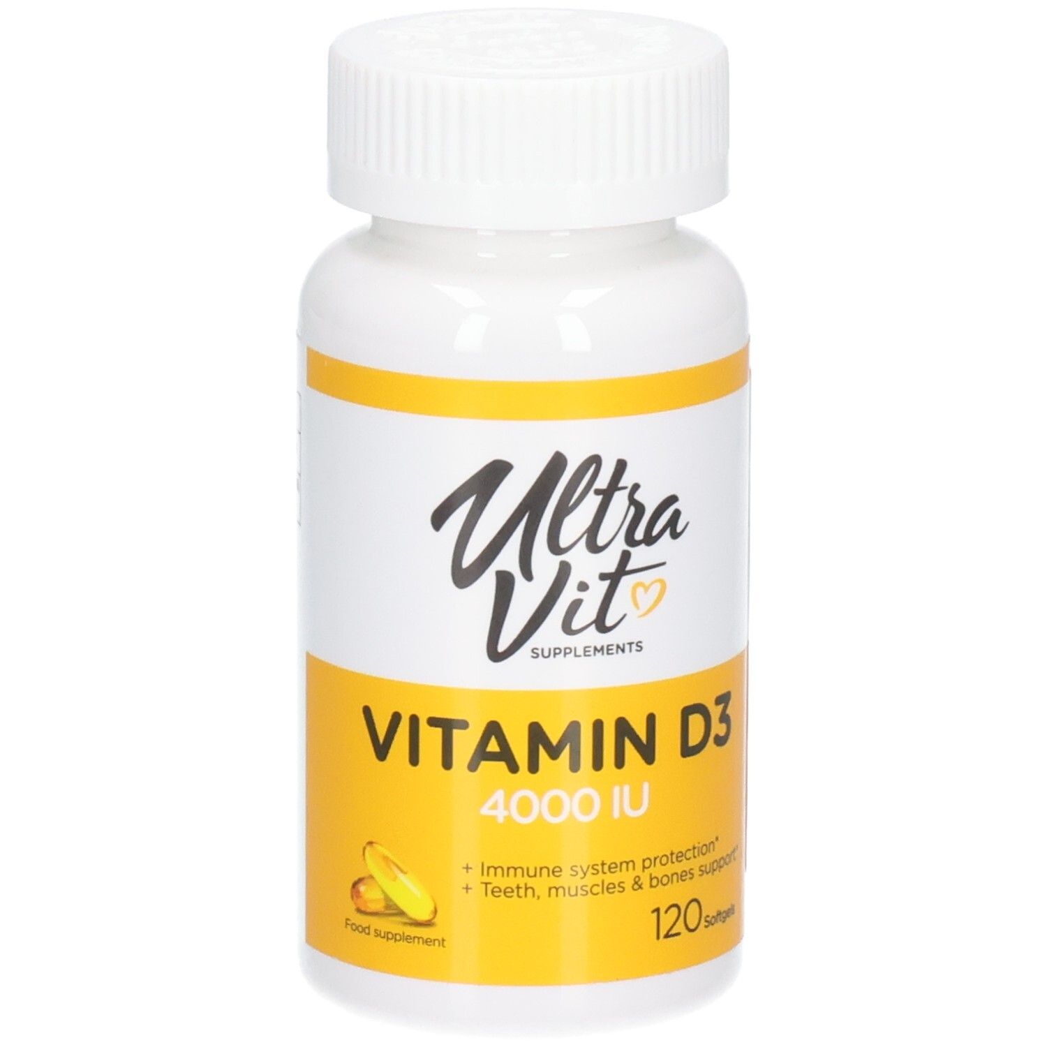 Weiße Flasche mit Schraubverschluss. Aufschrift: Ultra Vit, Vitamin D3 4000 IU, 120 Softgels. Gelbes Etikett.