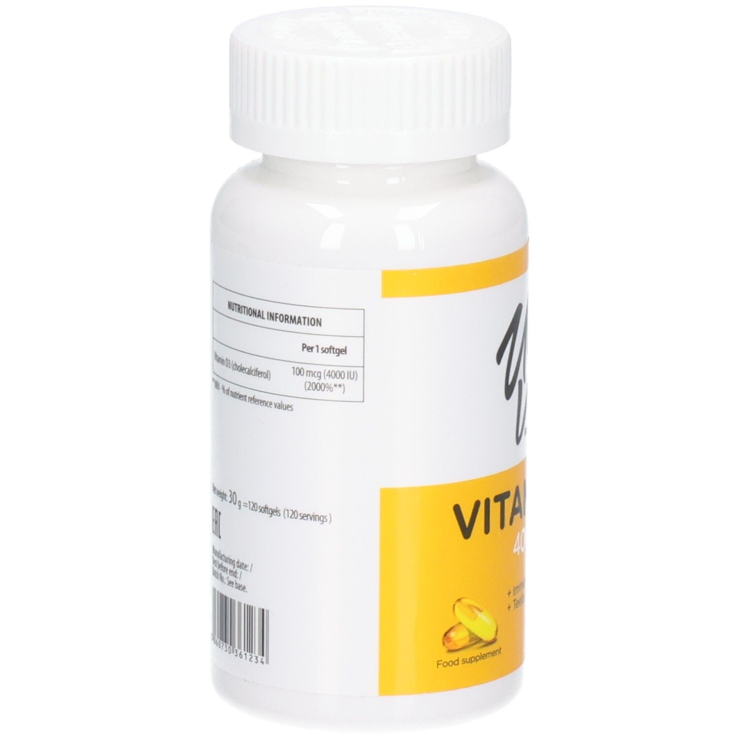 Weiße Flasche, Seitenansicht. Aufschrift: Ultra Vit, Vitamin D3 4000 IU. Enthält Nährwertangaben. Gelbes Etikett.