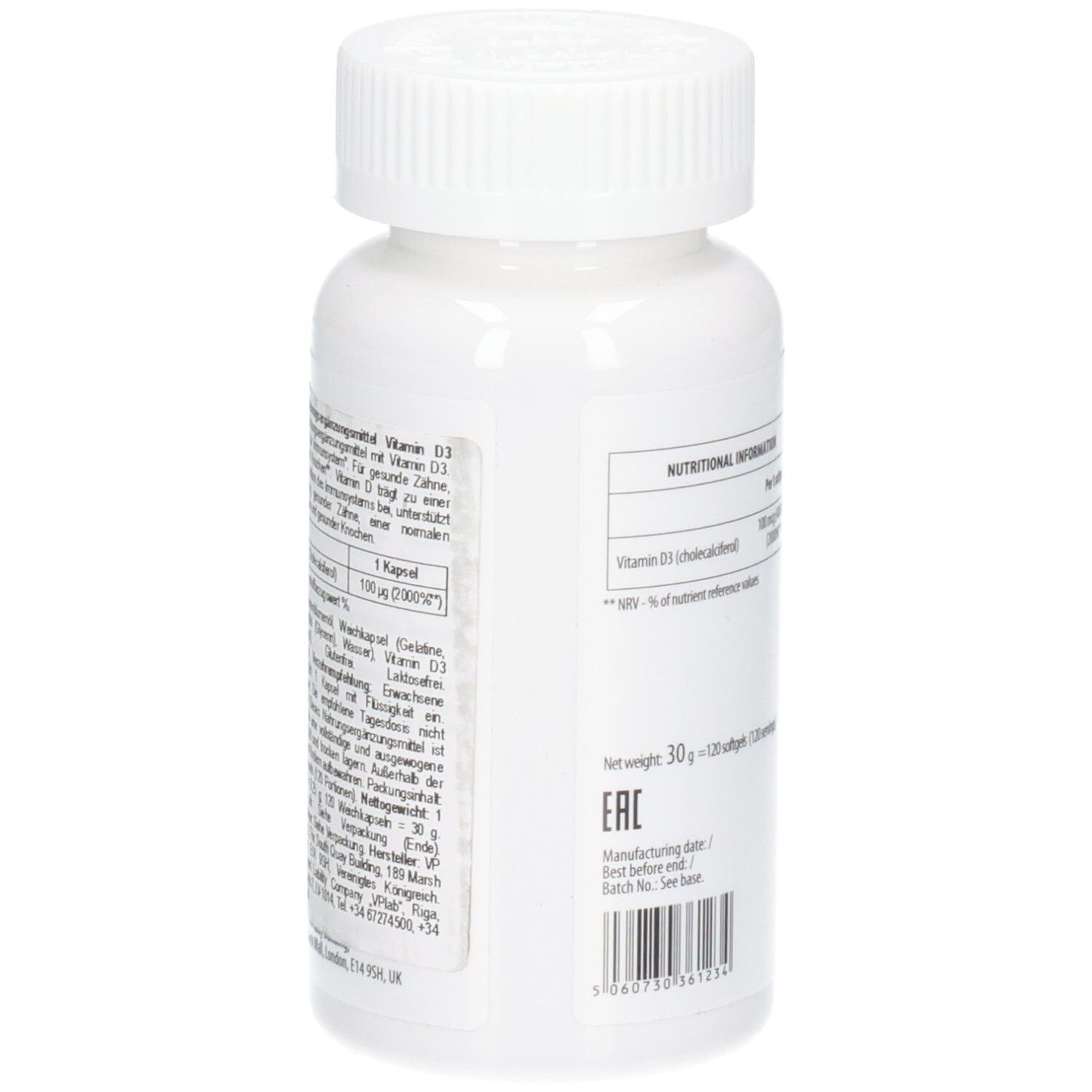 Weiße Flasche, Rückansicht. Enthält Nährwertangaben und weitere Informationen. Aufschrift: Ultra Vit, Vitamin D3.