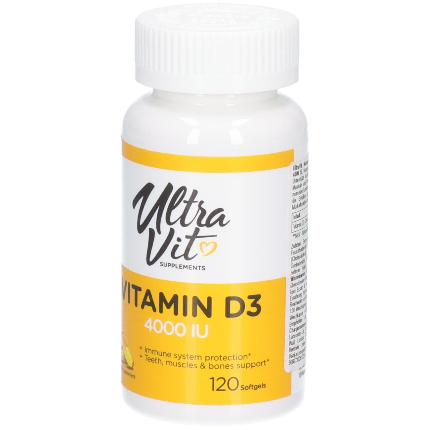 Weiße Flasche mit Schraubverschluss. Aufschrift: Ultra Vit, Vitamin D3 4000 IU, 120 Softgels. Gelbes Etikett.