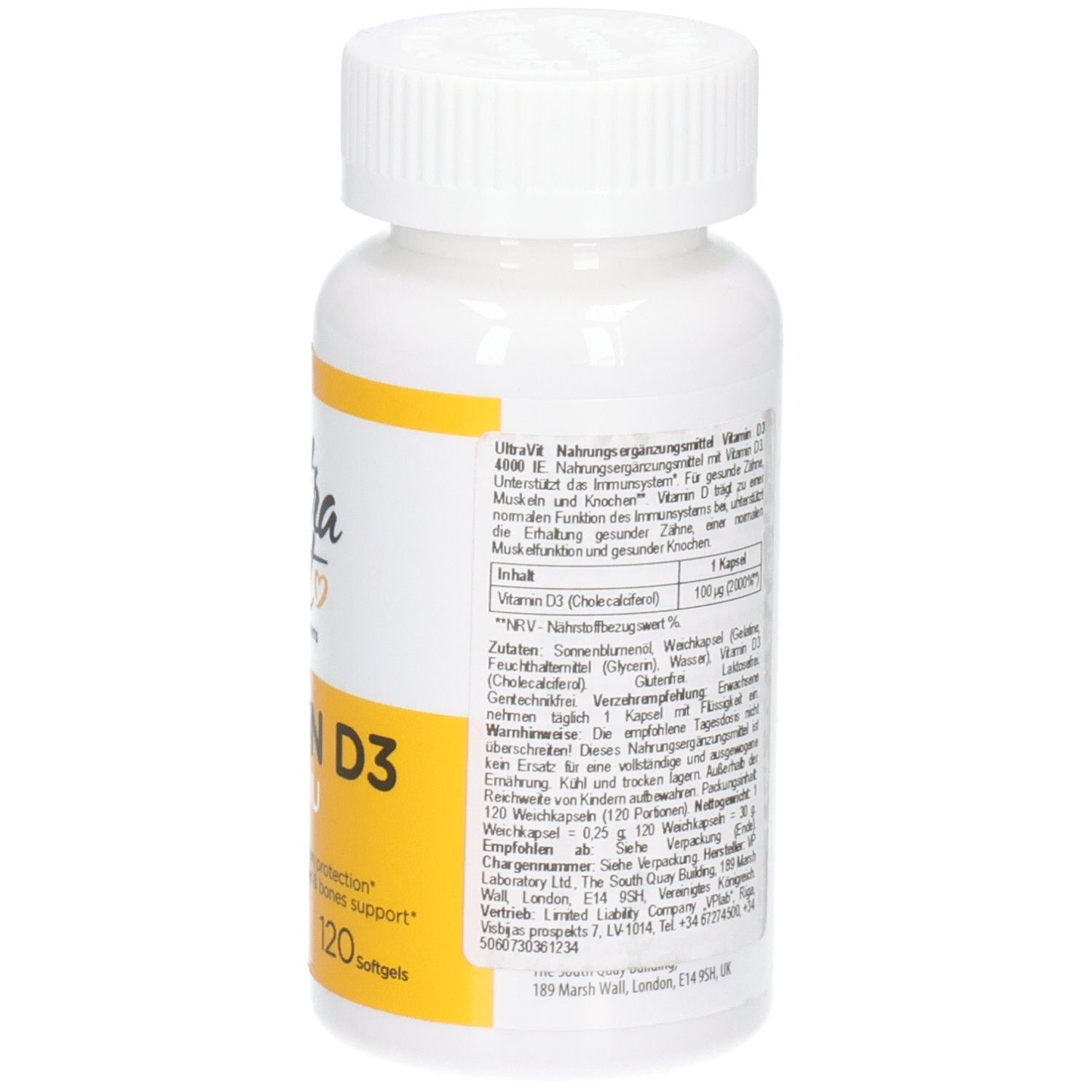 Weiße Flasche, Rückansicht. Enthält Nährwertangaben und weitere Informationen. Aufschrift: Ultra Vit, Vitamin D3.