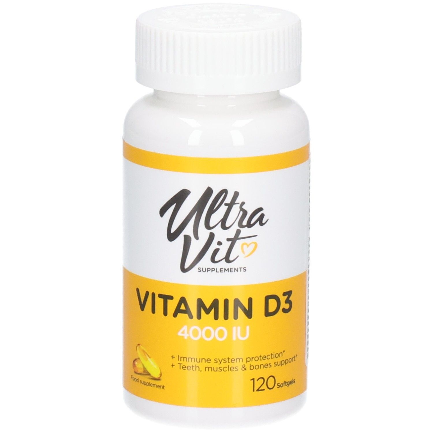 Weiße Flasche mit Schraubverschluss. Aufschrift: Ultra Vit, Vitamin D3 4000 IU, 120 Softgels. Gelbes Etikett.