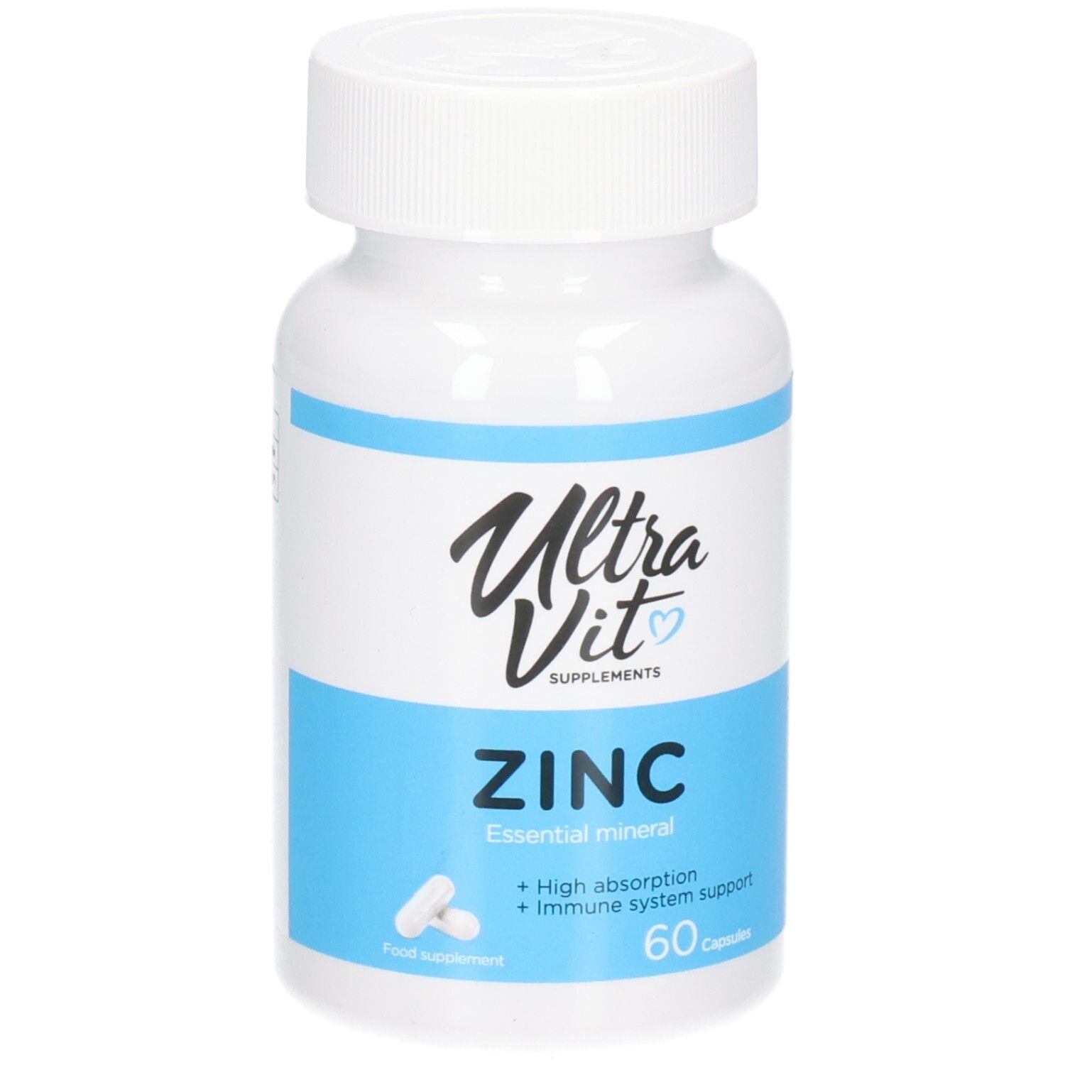 Weiße Flasche mit blauer Banderole. Aufschrift: Ultra Vit, Zink, 60 Kapseln. Enthält Mineralien.