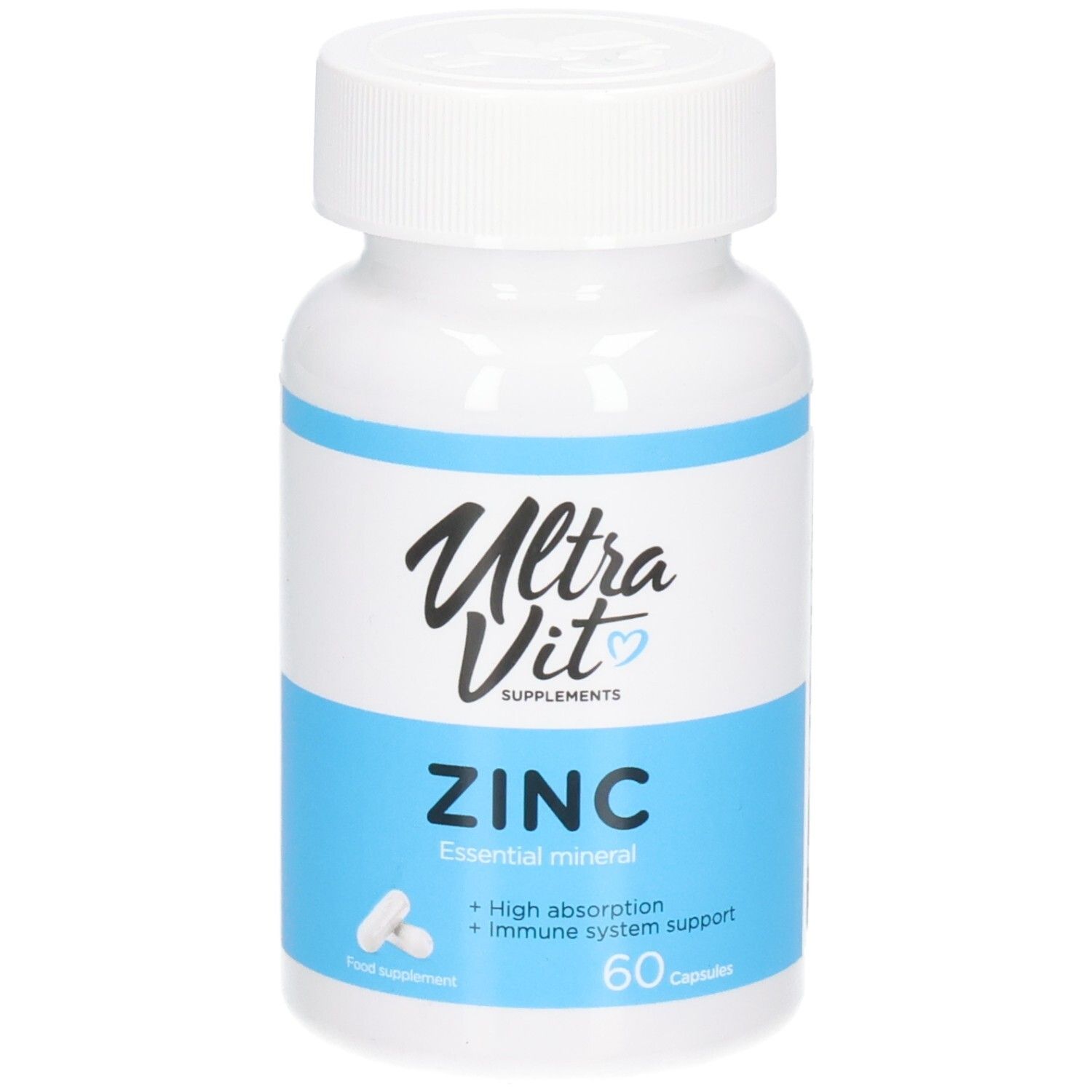 Weiße Flasche mit blauer Banderole. Aufschrift: Ultra Vit, Zink, 60 Kapseln. Enthält Mineralien.