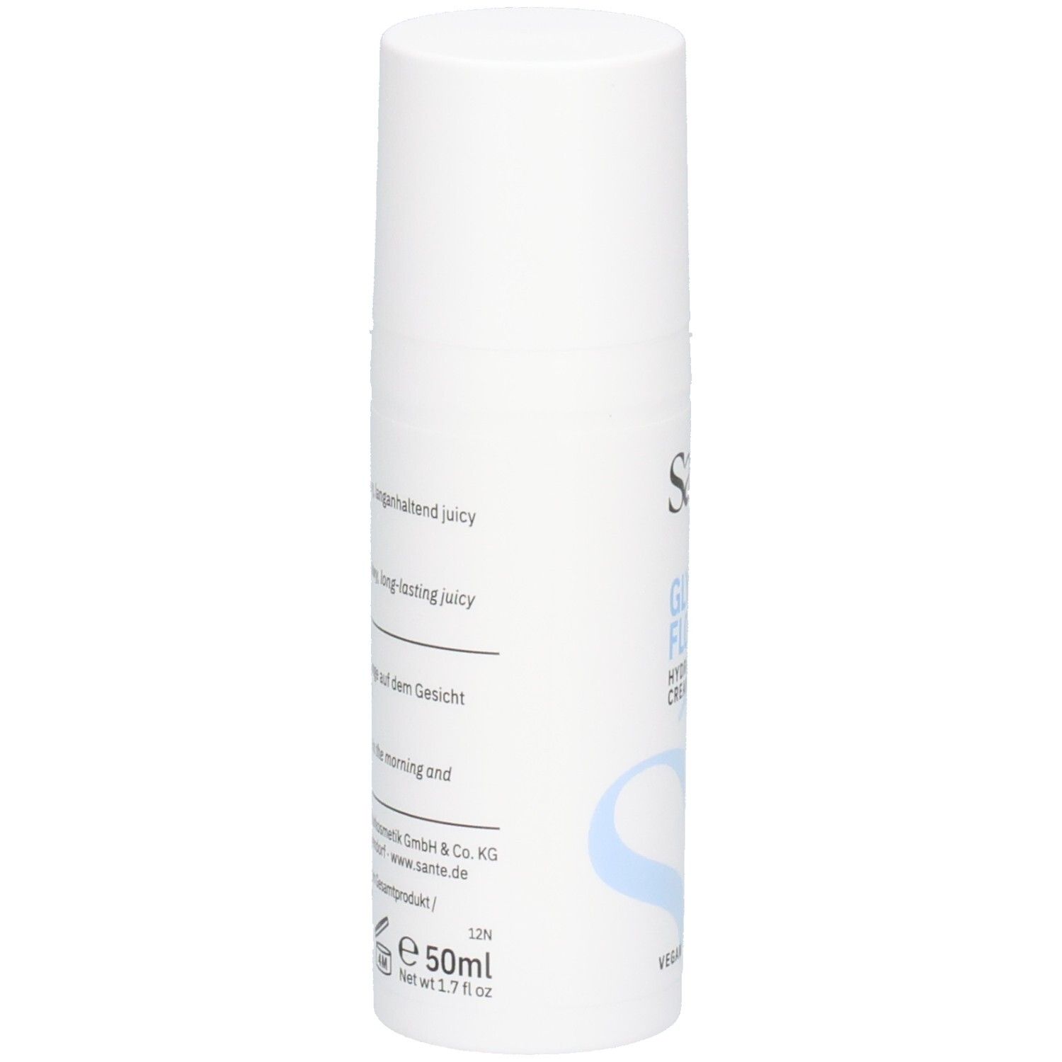 Seitenansicht der Santé Glycerin Flow Hydration Cream Flasche. Enthält 50ml. Text auf Deutsch und Englisch.