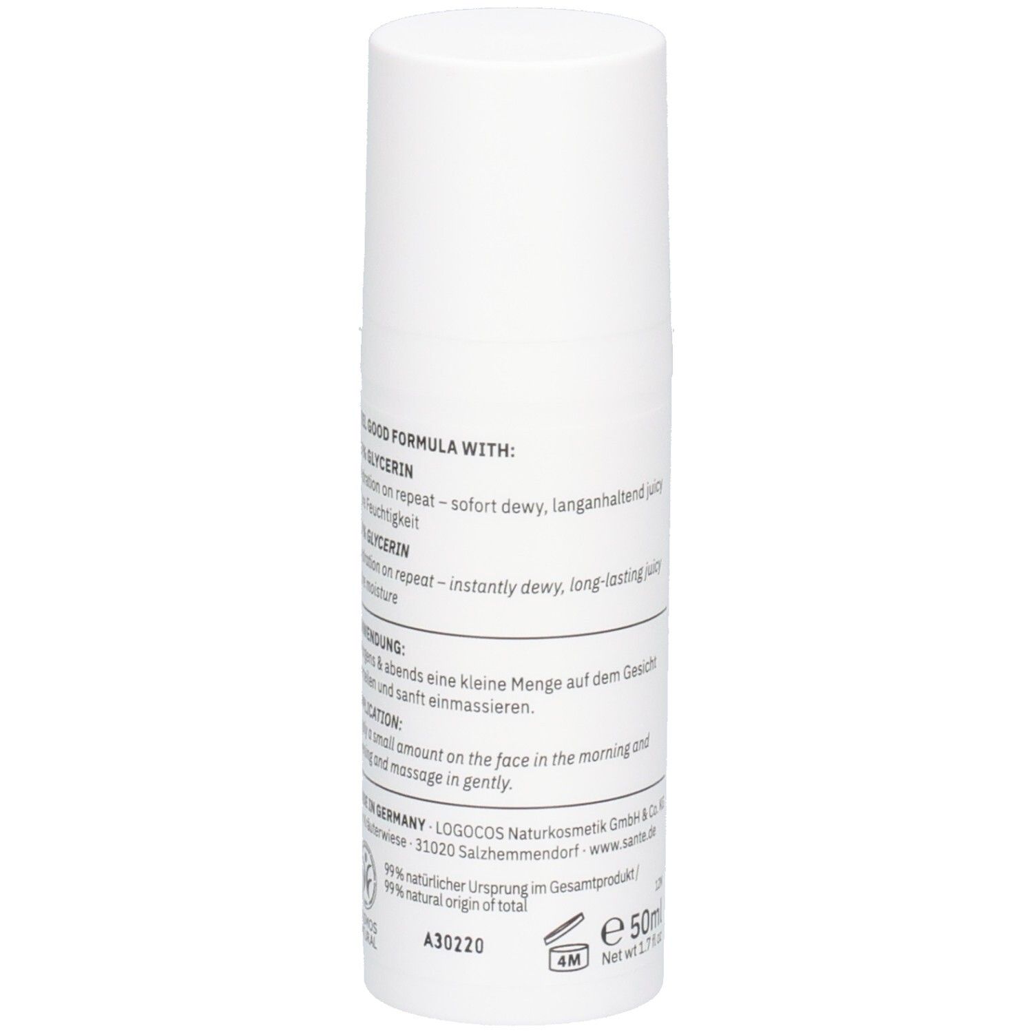 Rückseite der Santé Glycerin Flow Hydration Cream Flasche mit Anwendungshinweisen und Inhaltsstoffen. Hergestellt in Deutschland.