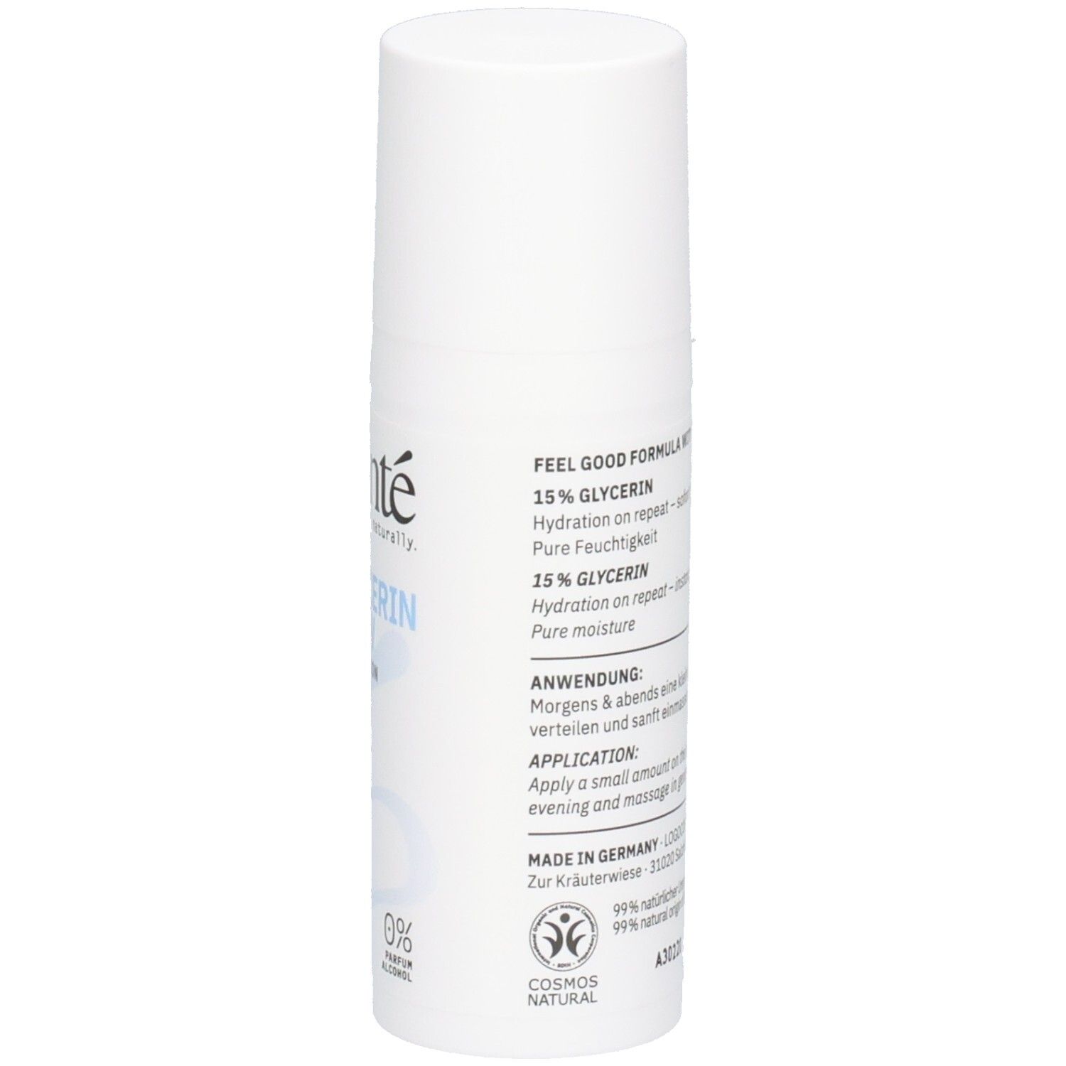 Seitenansicht der Santé Glycerin Flow Hydration Cream Flasche. Enthält 15% Glycerin. COSMOS NATURAL zertifiziert.