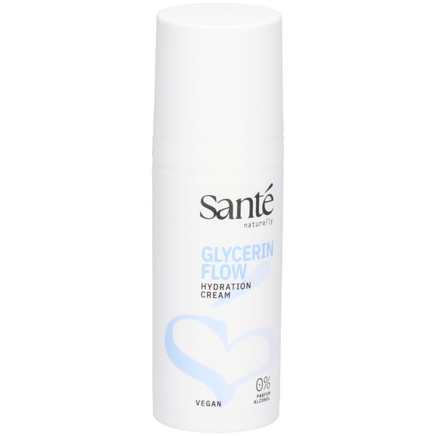 Weiße Spenderflasche Santé Glycerin Flow Hydration Cream mit Herzsymbol. Vegan, 0% Parfum und Alkohol.