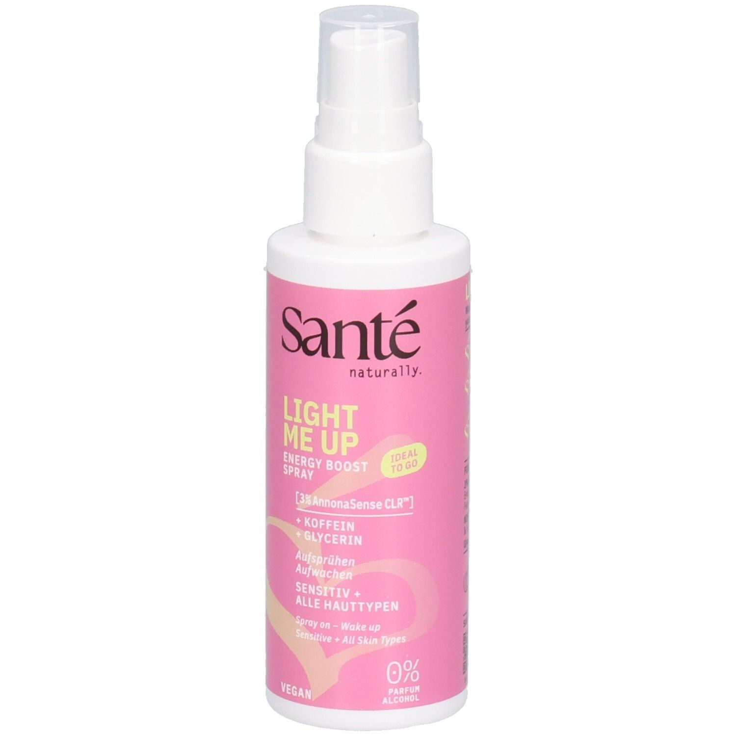 Weiße Sprühflasche mit rosa Etikett. Text: Sante, Light Me Up Energy Boost Spray, Vegan. Für alle Hauttypen.
